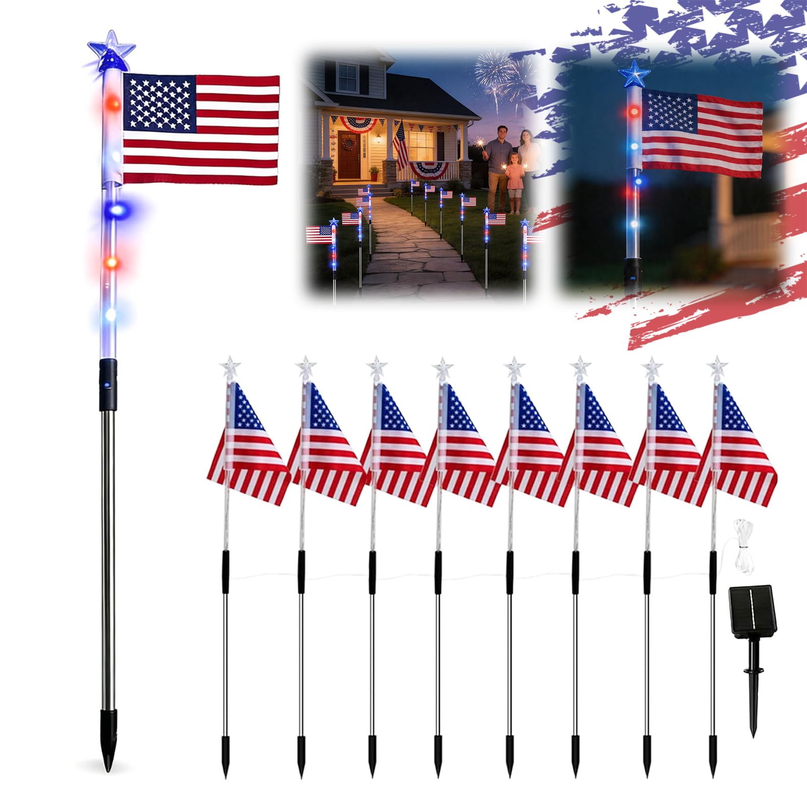 US 8 Piece American Flag Solar Lights - 4th of July Decorations Outdoor, Red White & Blue Pathway Lights with Timer, IP65 Waterp
