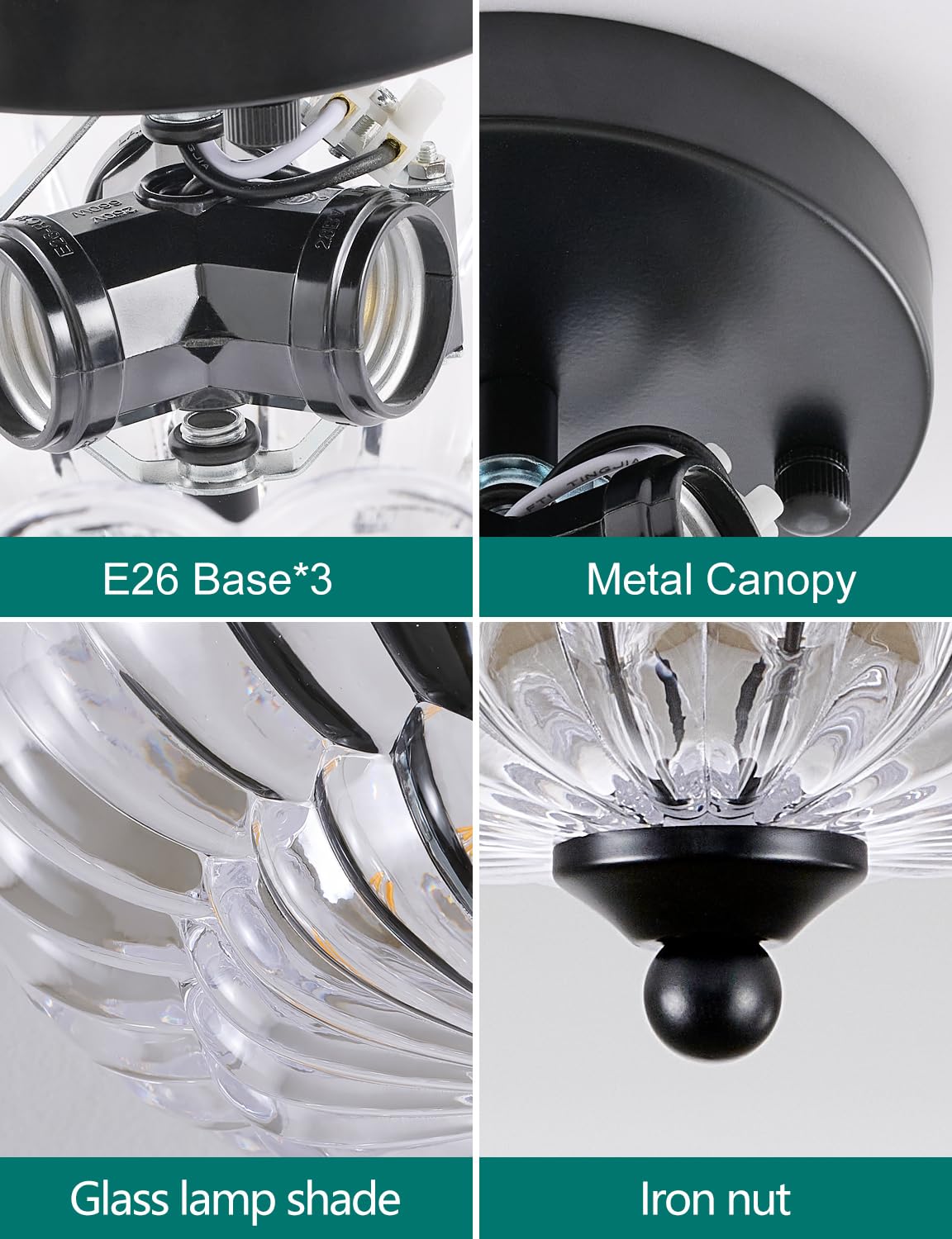 SIJINCHEN 3-Light Semi Flush Mount Ceiling Light Fixture, Vintage Crystal Glass, 11.8" Clear, Black Metal Frame, Model SJC-XDD04