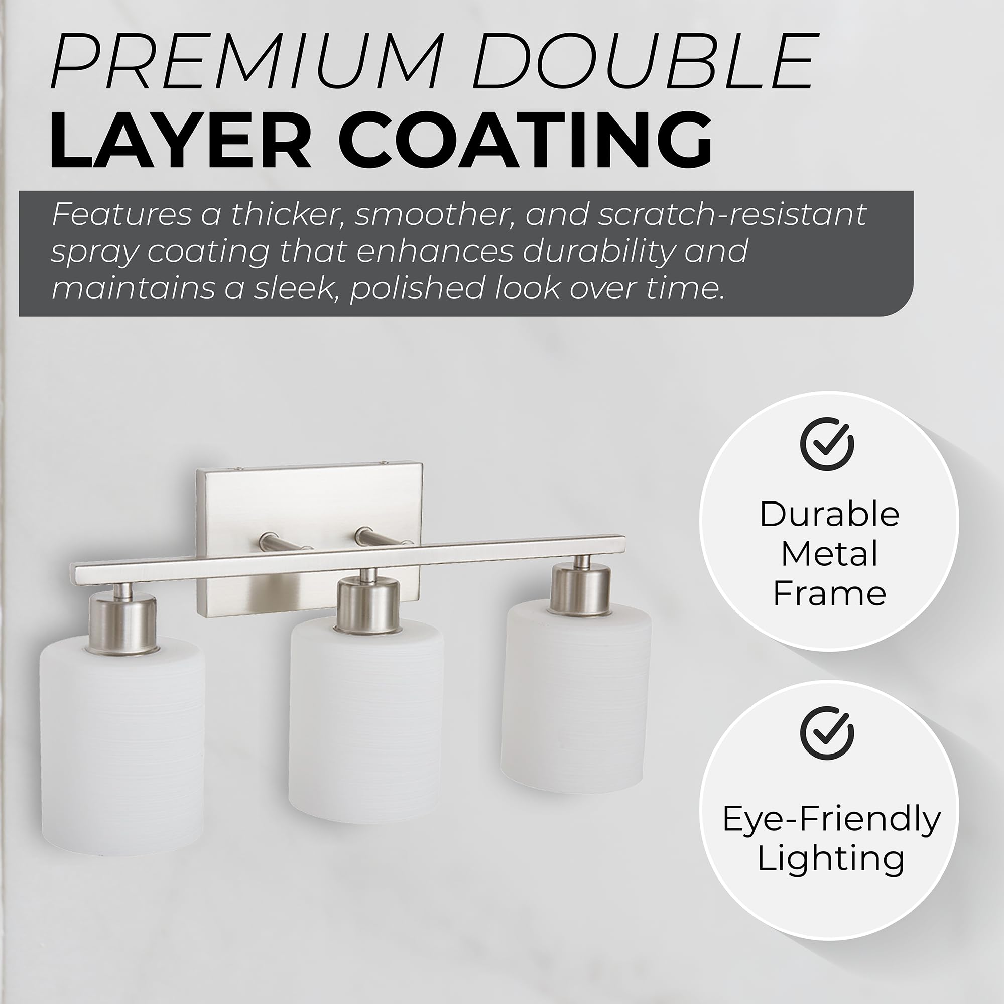 The Door Bull Modern Bathroom Vanity Light, Brushed Nickel, 3 Lights, Milky White Glass Shades, E26 Socket, Model VNT-1000