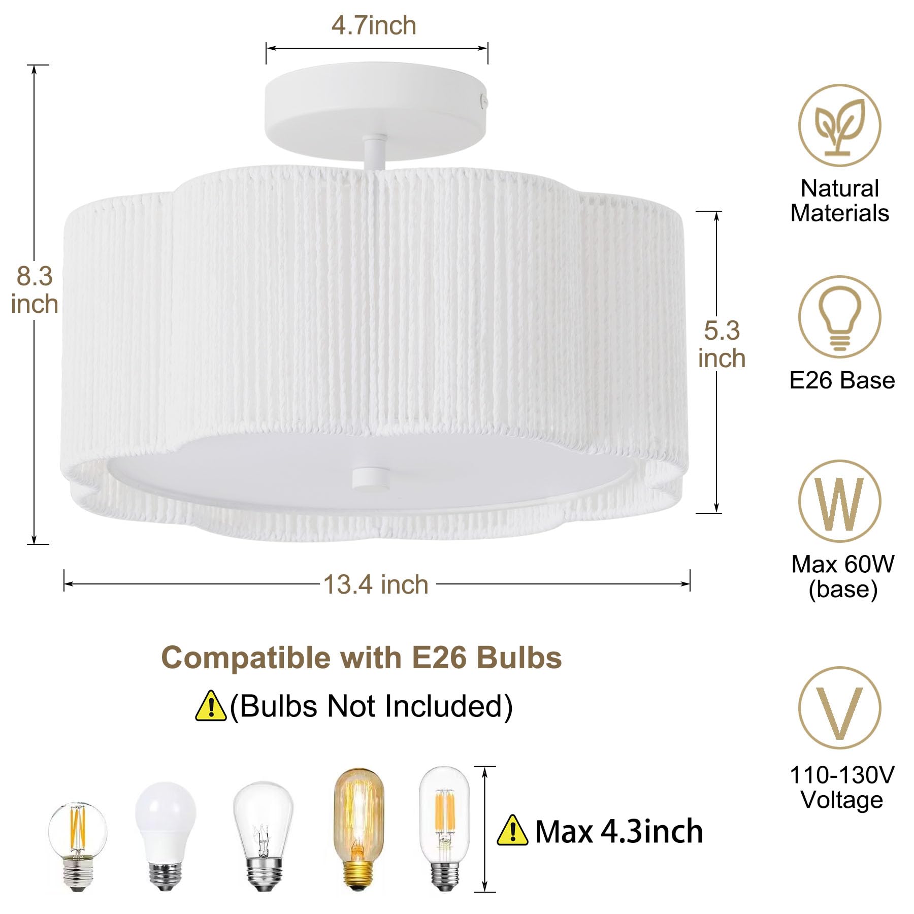 Giutna Rattan Ceiling Light Fixture, 3-Light Boho Design, 13.4" Flush Mount, White, Modern Chandelier for Bedroom, Hallway, Kitchen