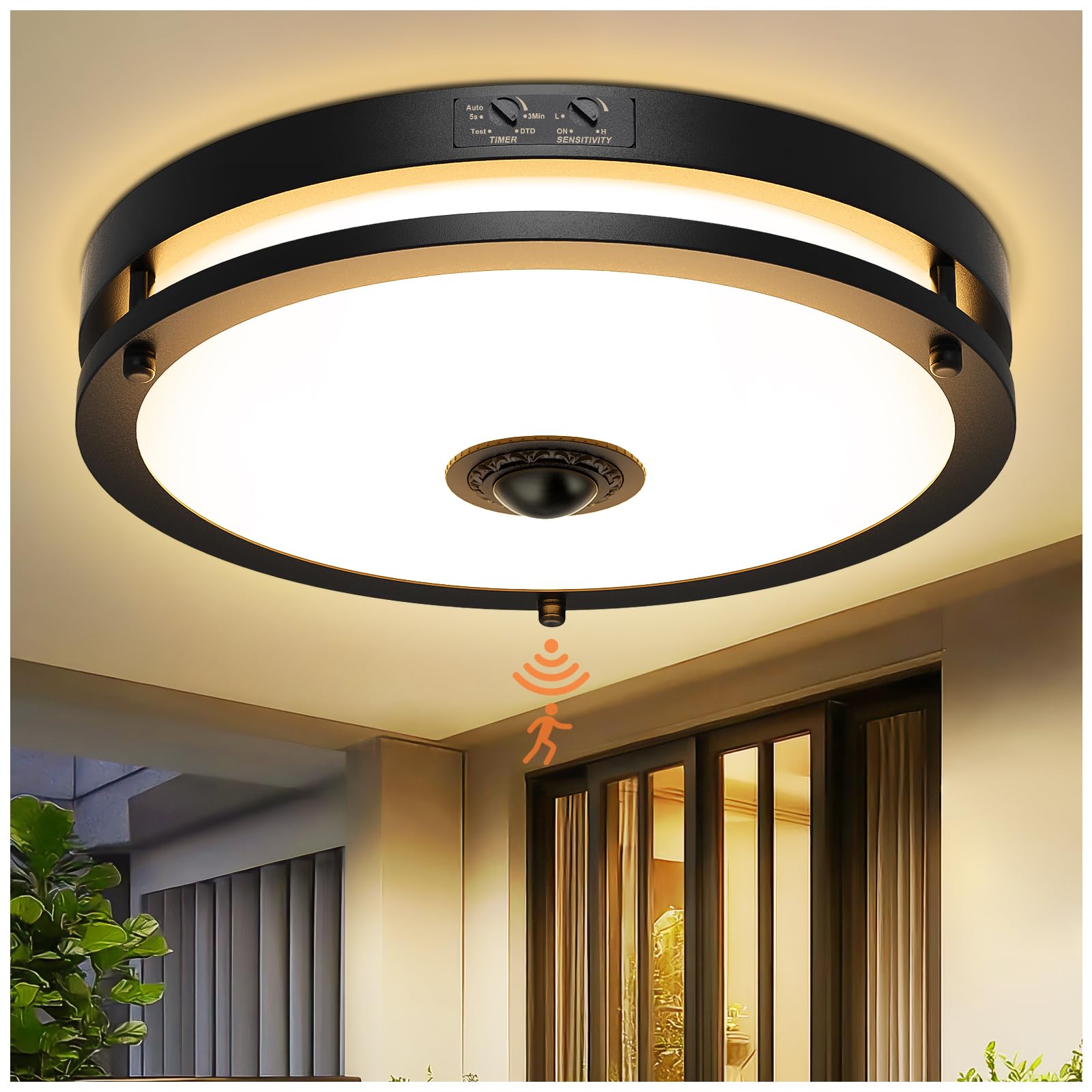 Oykyohei 24W Led Motion Sensor Outdoor Ceiling Light, 12In 2700K/3000K/3500K/4000K/5000K Adjustable Ceiling Lights, Dusk To Dawn