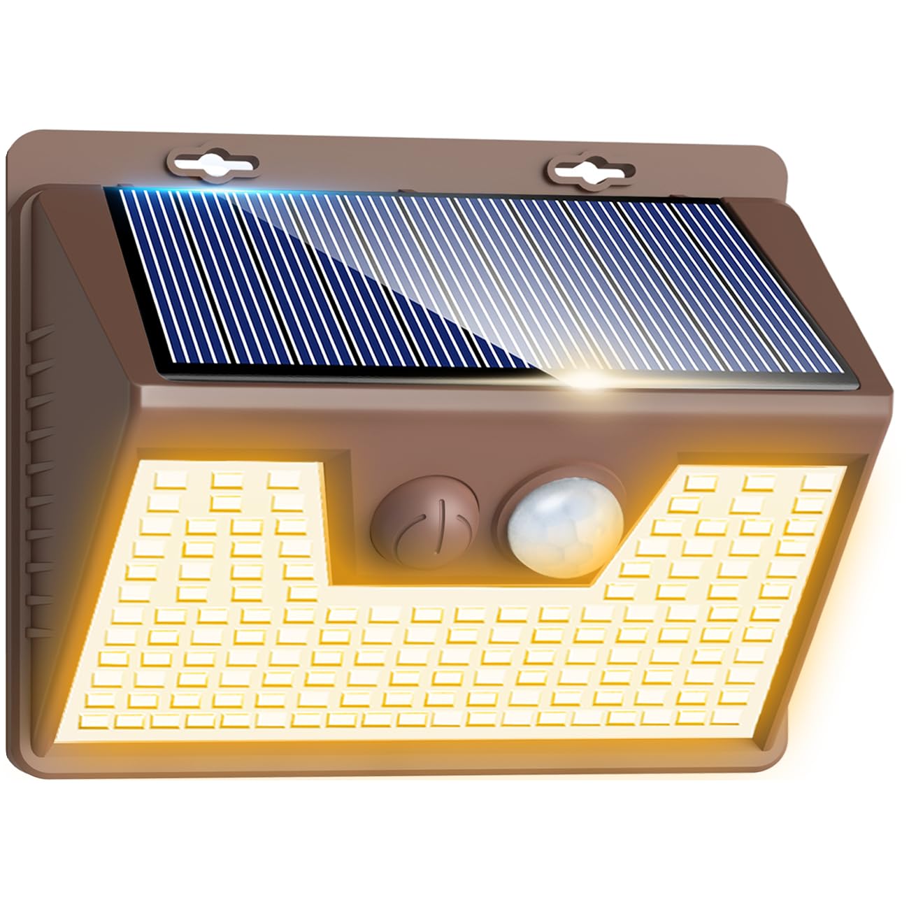 Peasur Solar Lights Outdoor Motion Sensor Waterproof  1Pack 140LED Brown Solar Powered Fence Light  3 Modes Security Wall Lights for Garden Yard Outside(Warm White)