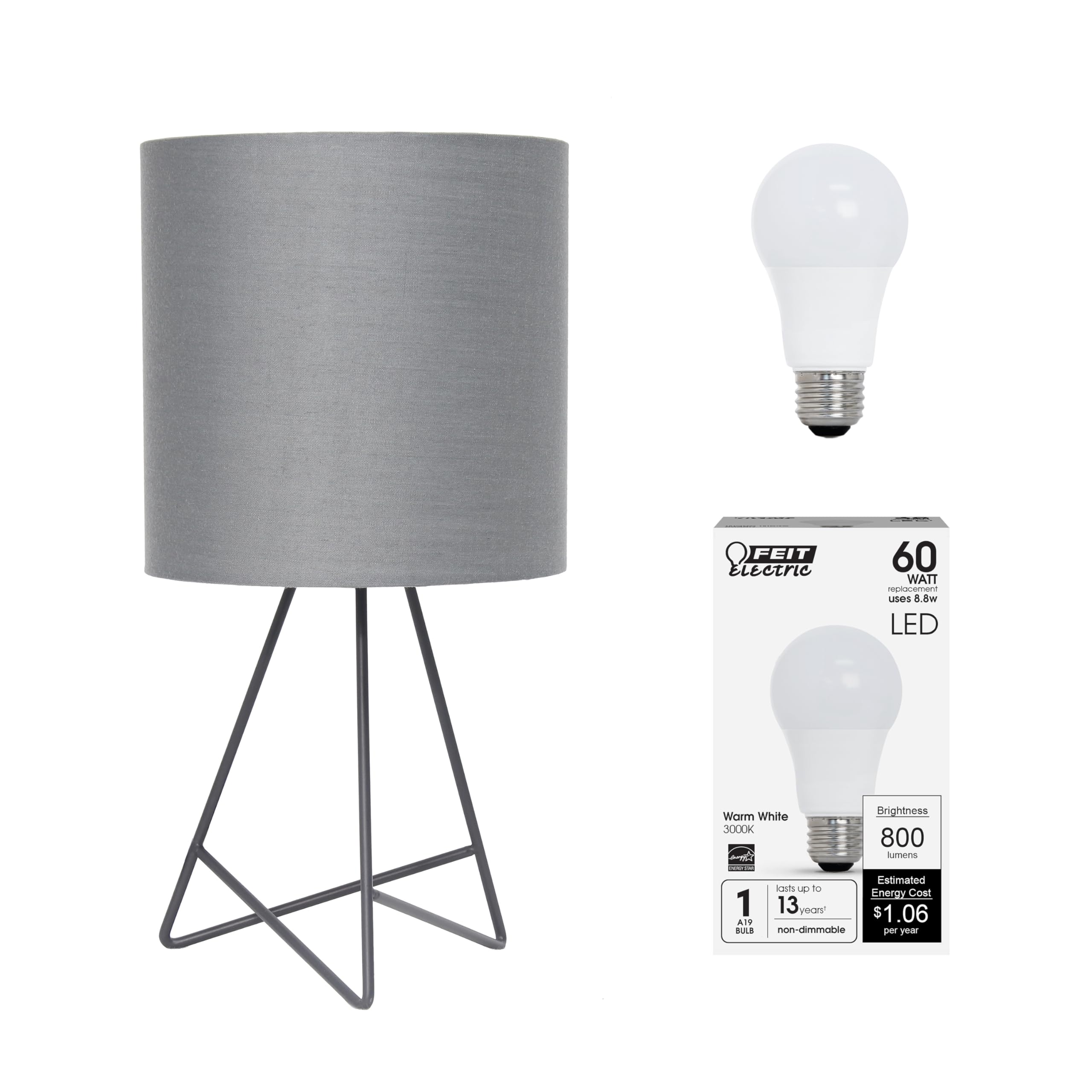 Simple Designs LT2066-GOG-LB 14&quot; Down to The Wire Table Lamp for Bedroom, Living Room, Entryway, Office, Gray with Gray Shade, with Feit LED Bulb Included