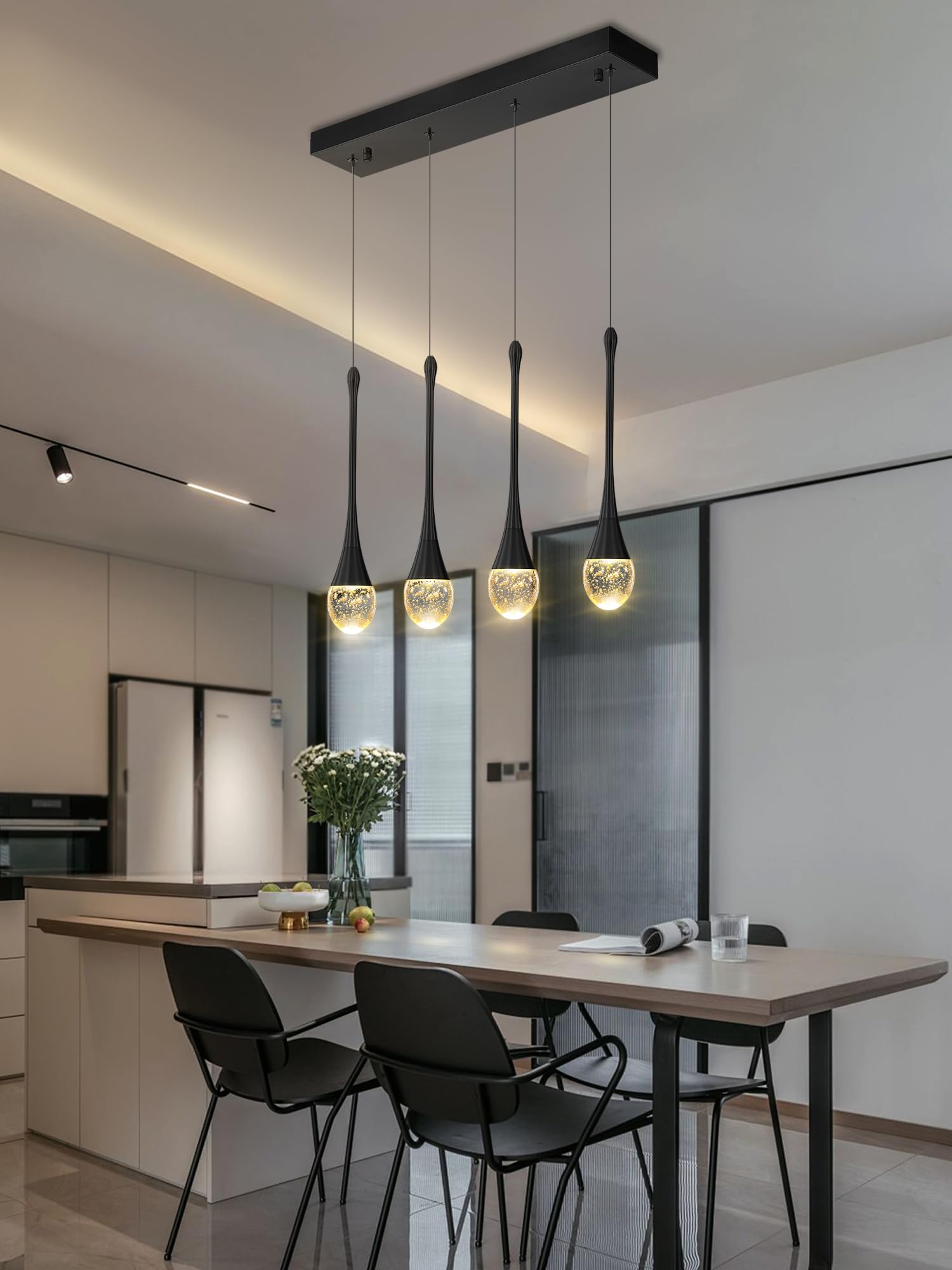 Ykolupty Dining Room Light Fixture 4-Light Black Kitchen Island Lighting Industrial Linear Crystal Chandeliers For Dining Room P