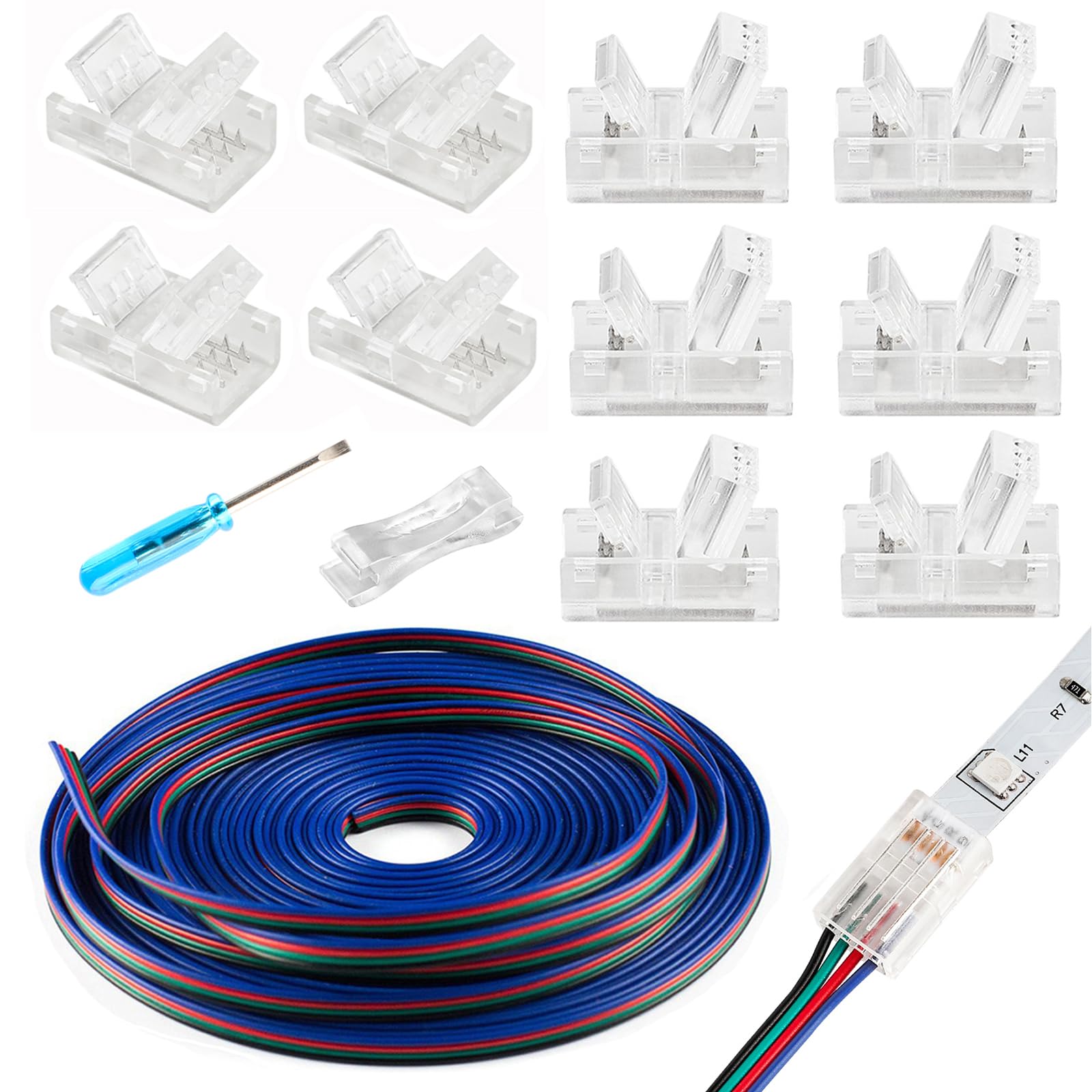 HOMELYLIFE 4 Pin LED Strip Connectors Solderless 10 Pcs with 16.4ft Extension Cable 4 Conductor for Waterproof or Non-Waterproof