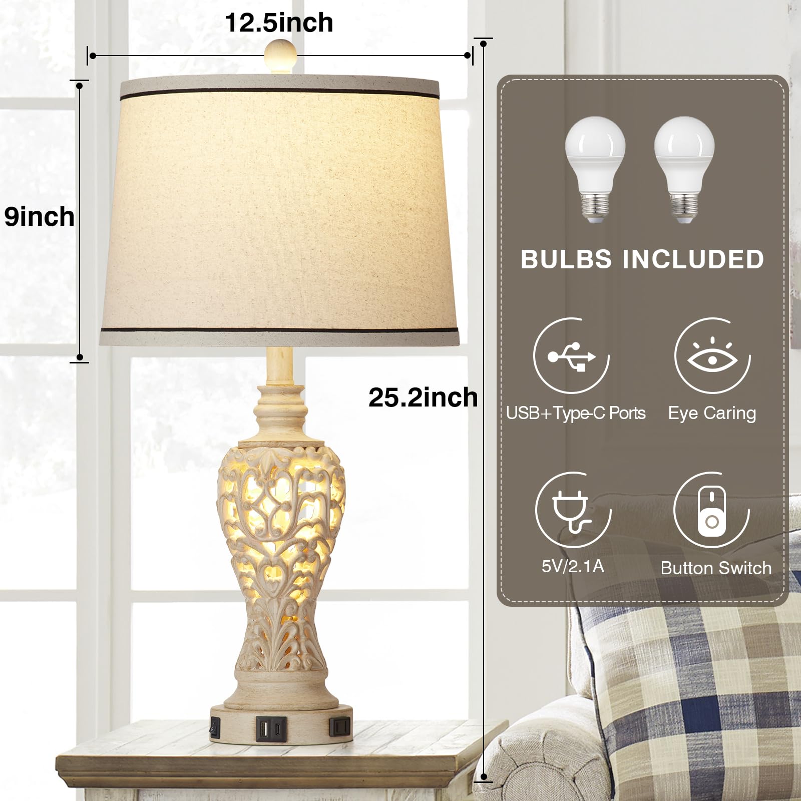 Rinweey Table Lamps Set Of 2, Farmhouse Table Lamps With Nightlight, Rustic Bedside Lamps With Dual Usb & Ac Outlet, 25.2'' Whit