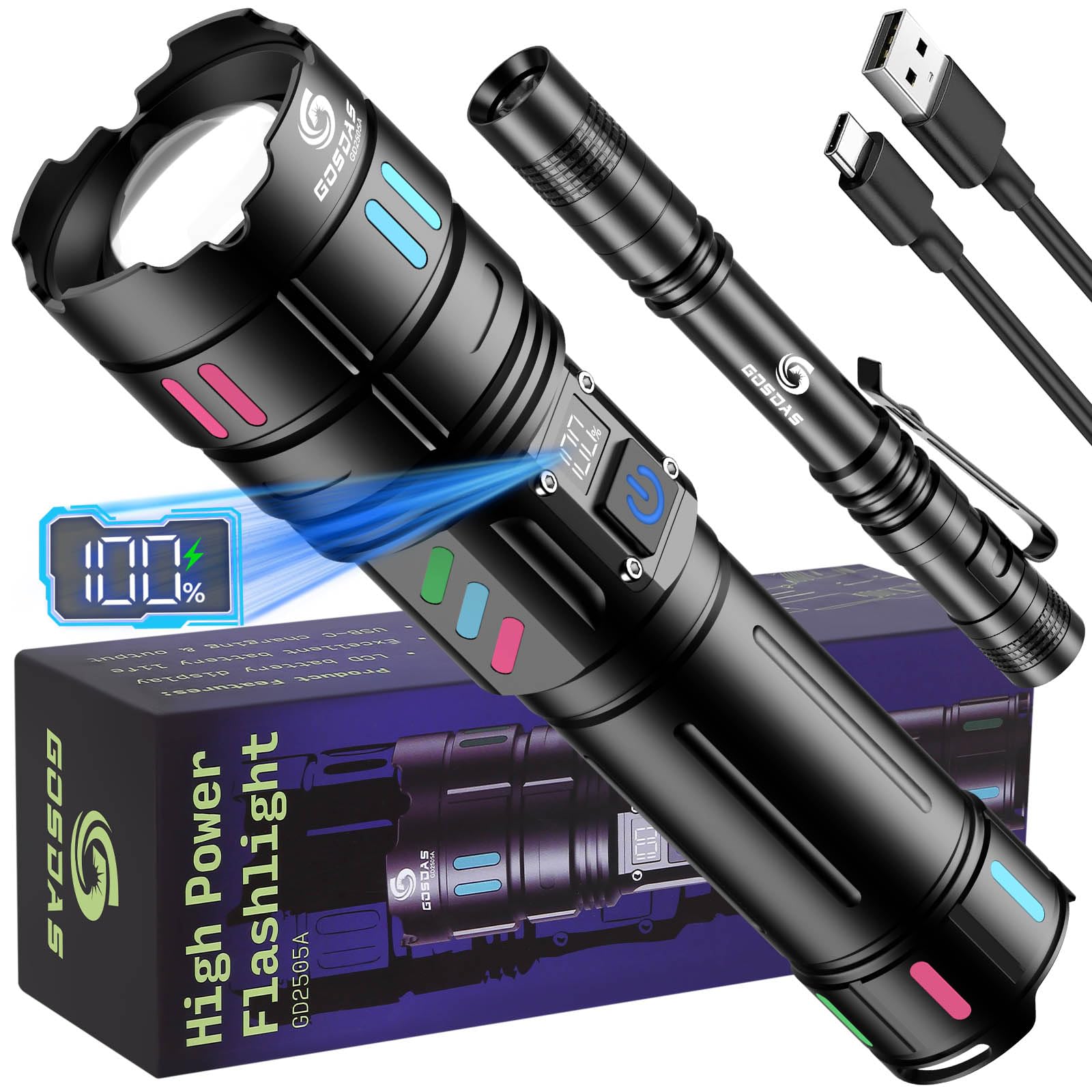 Gosdas LED Flashlight 10000 High Lumens, 3 Modes, USB C, Aluminum, 1 Pack, Black, Model GD2505A