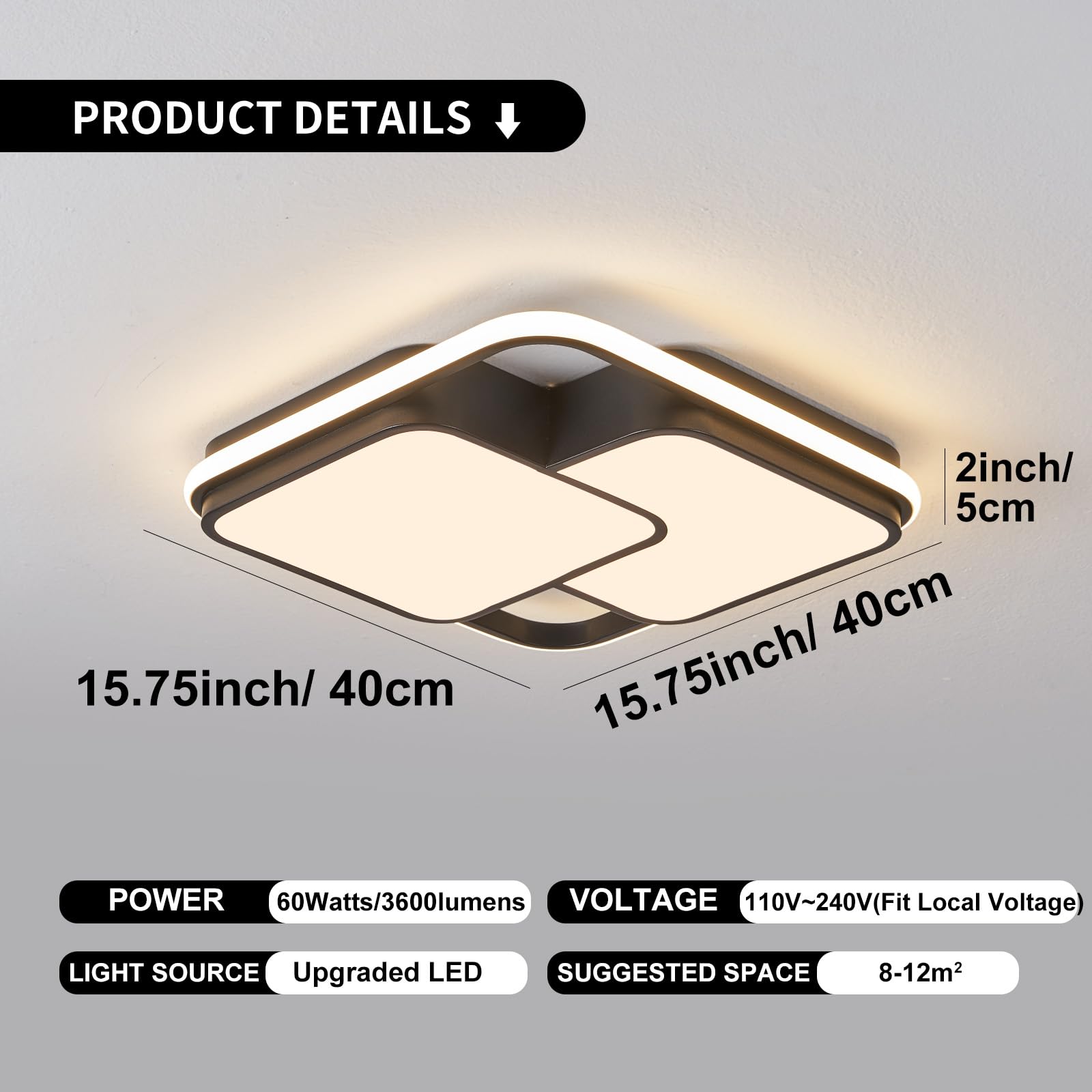 Oranoor Modern Led Ceiling Light Fixture, 15.7In Dimmable Black Flush Mount Led Ceiling Light With Remote, Upgraded Square Bedro