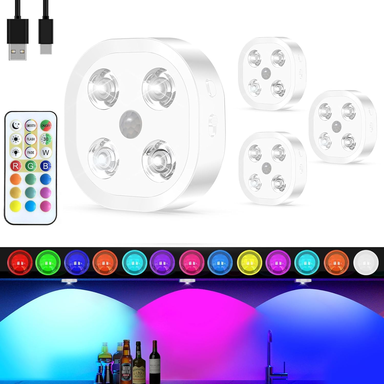 HOMEBEST RGB Puck Lights with Remote, 13 Colors, 1500mAh, Under Cabinet Motion Sensor, 4 Pack, C930R