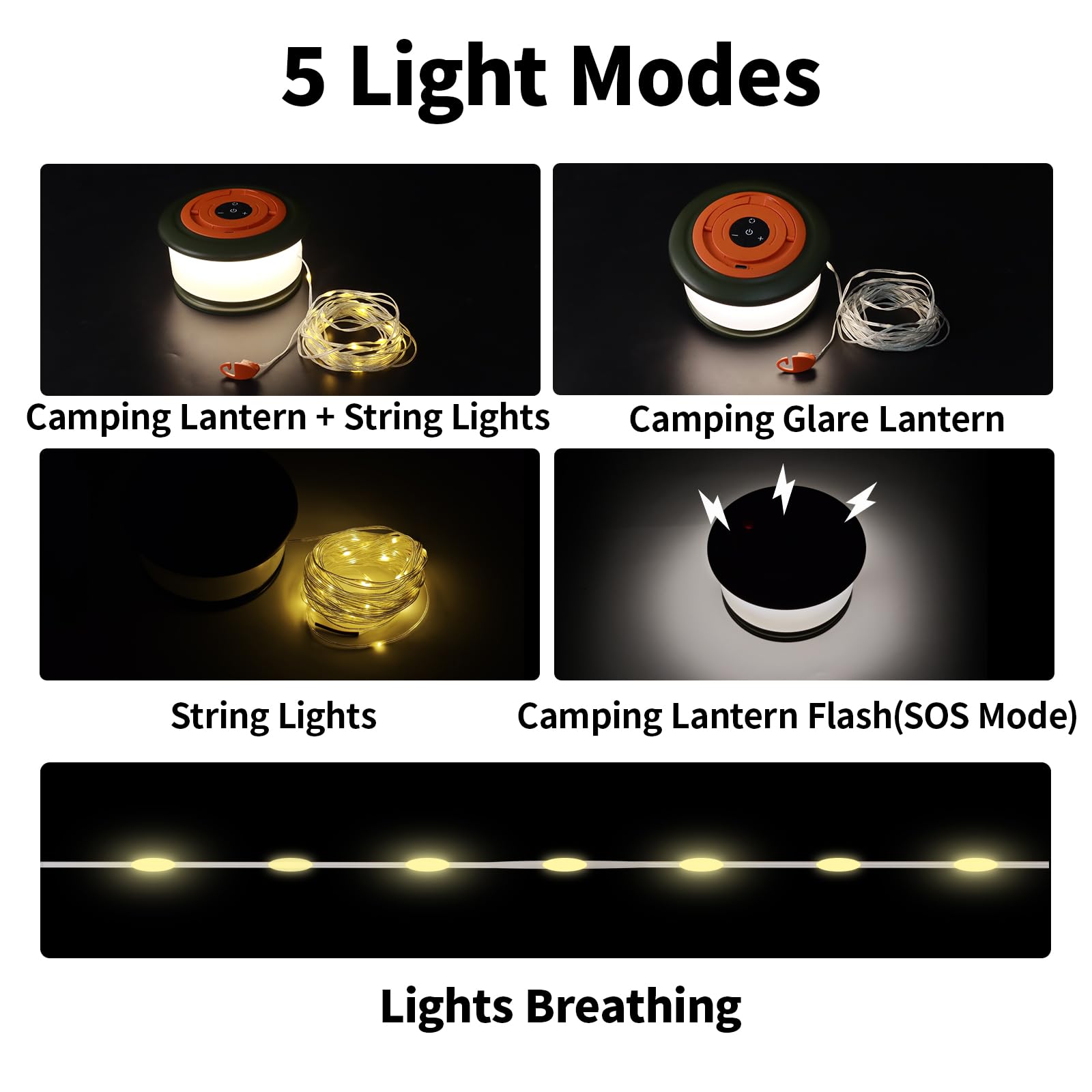 Phylosal Camping String Lights, 3 in 1 Outdoor Light, 6 Modes, 32.8FT, Rechargeable, Green&Orange, Model Ph-L26-Warm-Green&
