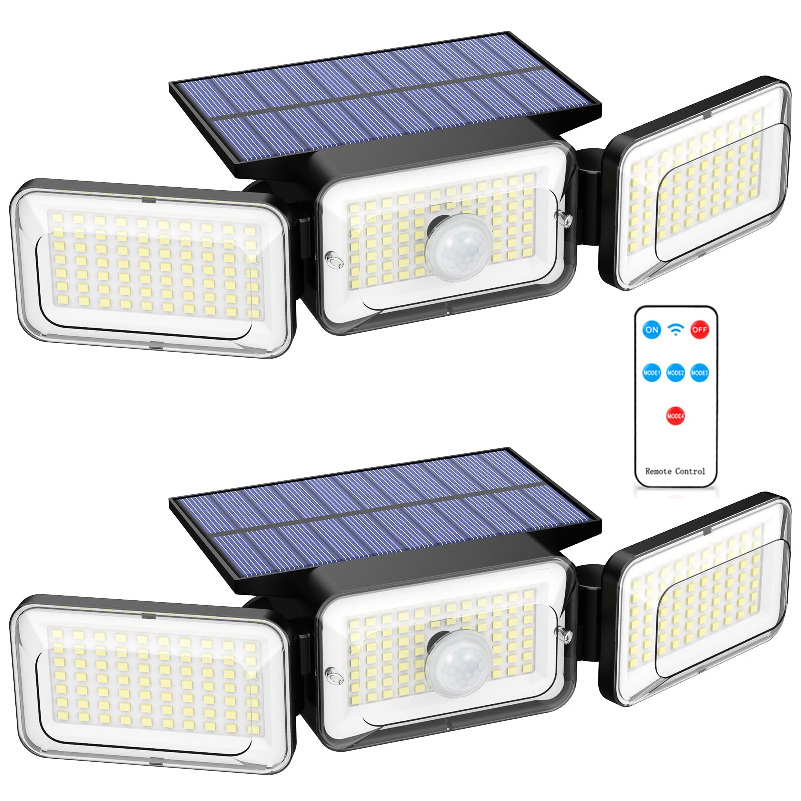 Mokot Solar Lights Outdoor, 3000LM, Motion Sensor & Remote Control, 4 Modes, 218 LEDs, 2 Pack, Black, Model NEWTBD-2