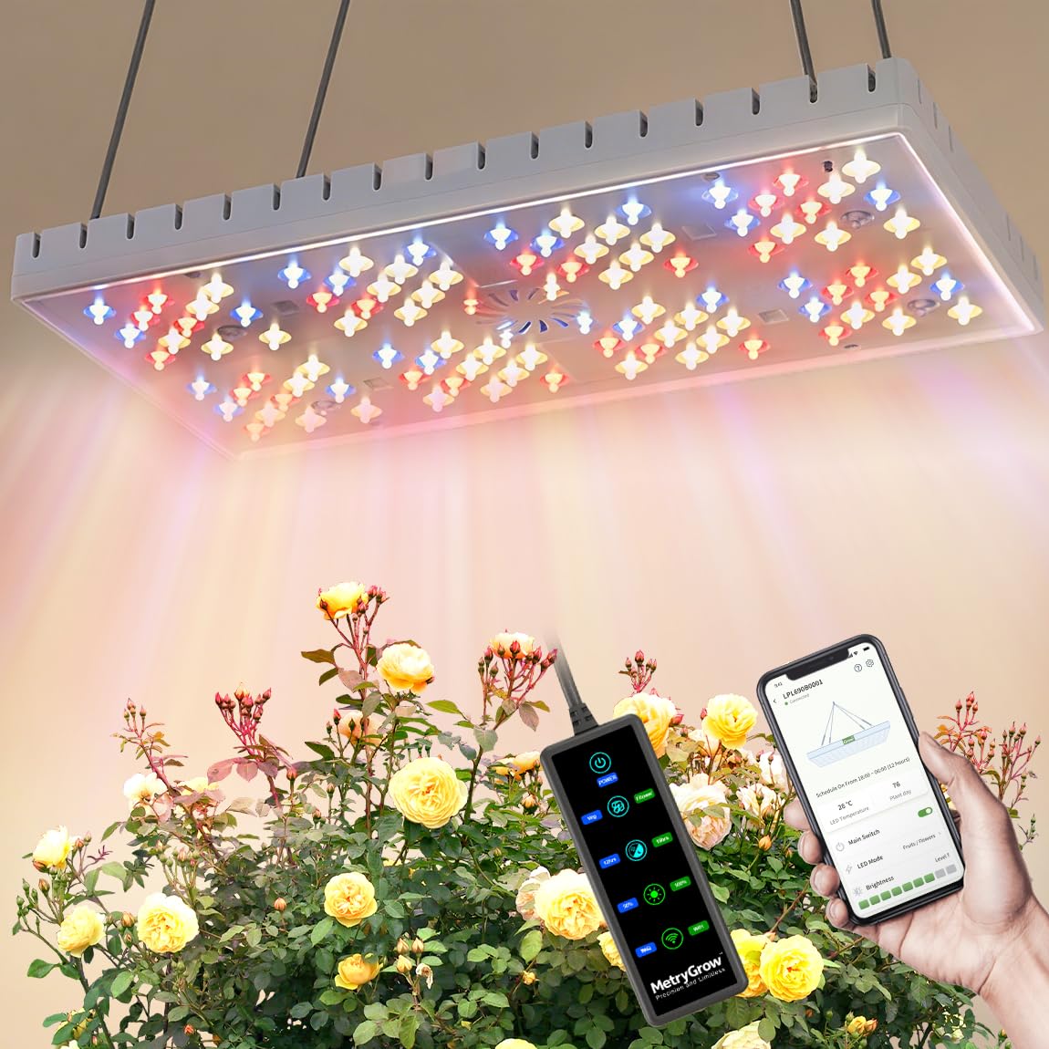 MetryGrow Grow Lights for Indoor Plants  [Smart APP & Expansive 2x2 Ft Coverage] Genuine 48Watt LED Full Spectrum Hanging Growing Plant Lamps  8-Level Brightness(No Stand)