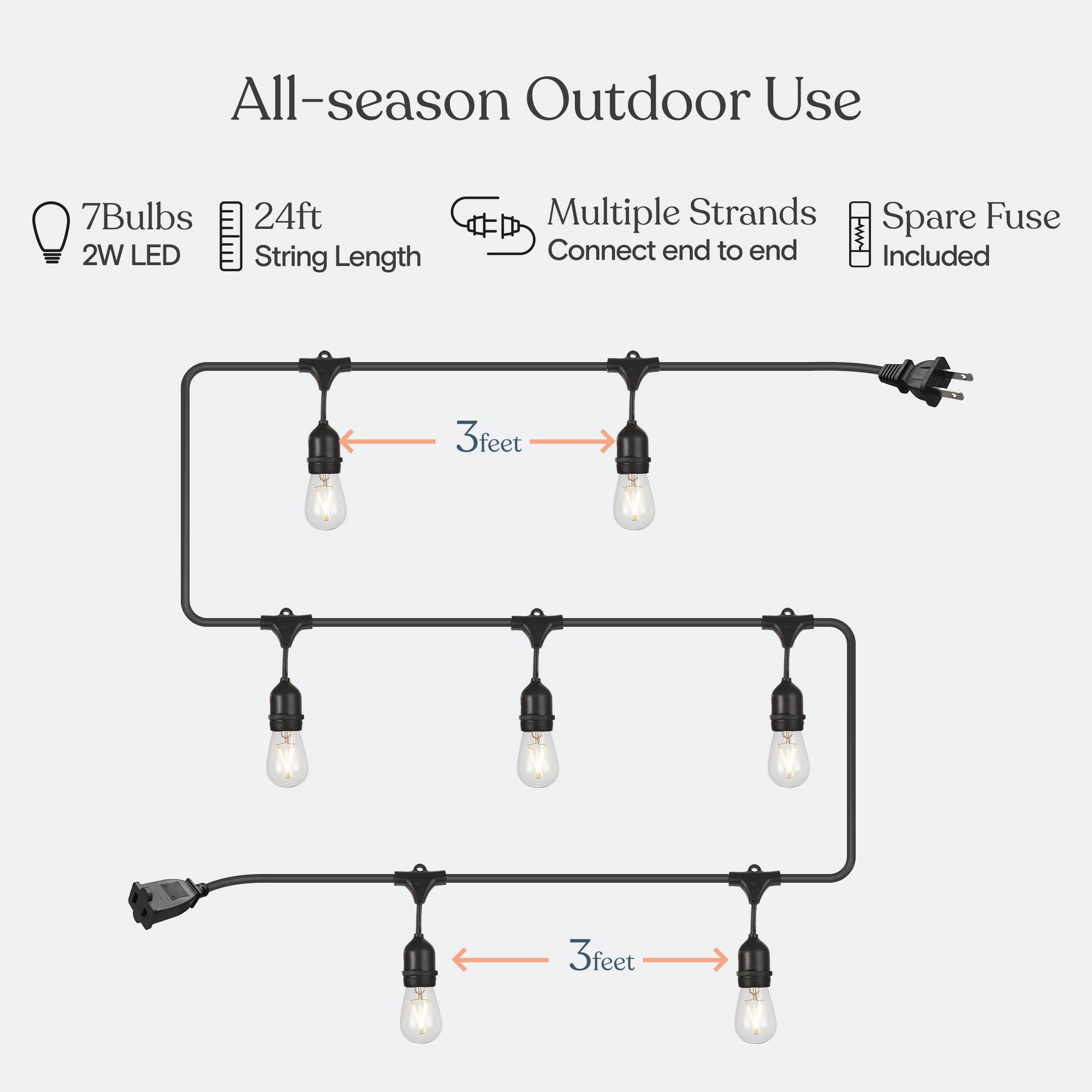 Brightech Ambience Pro - Waterproof Led Outdoor String Lights - 7 Hanging, Dimmable 2W Vintage Edison Bulbs - 24 Ft Commercial G