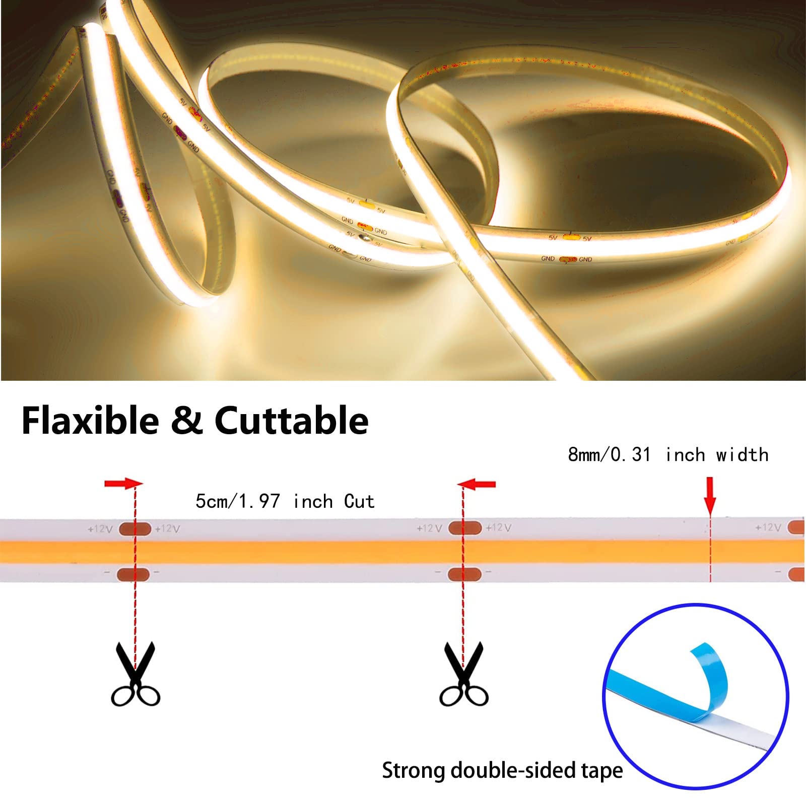 MDee COB LED Strip Lights, 13.12ft/4m, USB Powered, 5V, Flexible, Pink, 320 LEDs/m, CRI 90+, Indoor/Outdoor