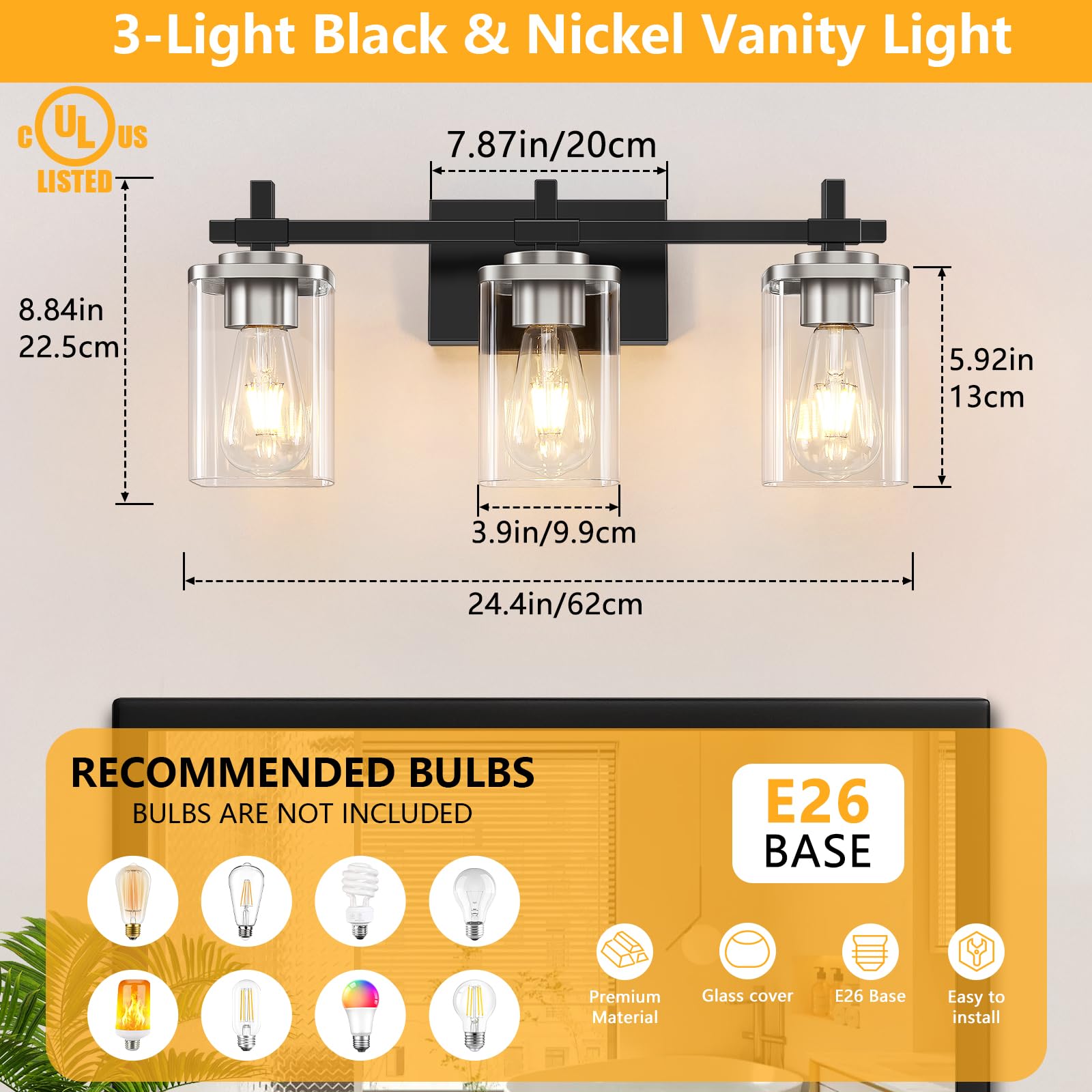 Spiglamm 3-Lights Black And Nickel Bathroom Light Fixtures, Modern Vanity Light With Clear Glass Shade, Over Mirror For Bedroom