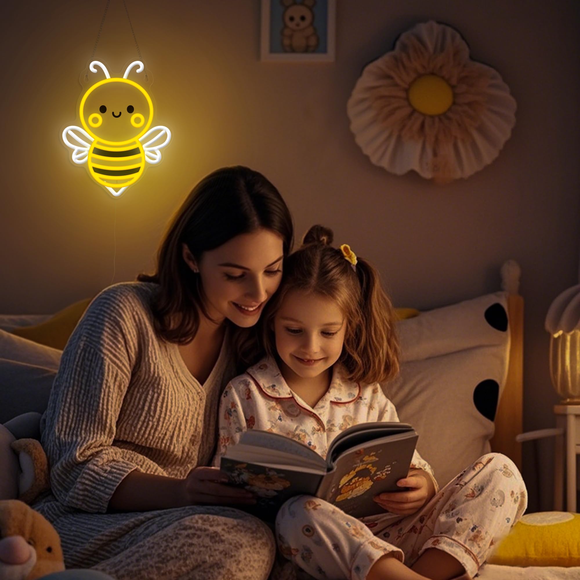 OkiyiD Bee Neon Sign Wall Art - USB-Powered, Energy-Saving Light, 11.8"x11.8", Perfect for Bedroom, Living Room, Office, and Garden