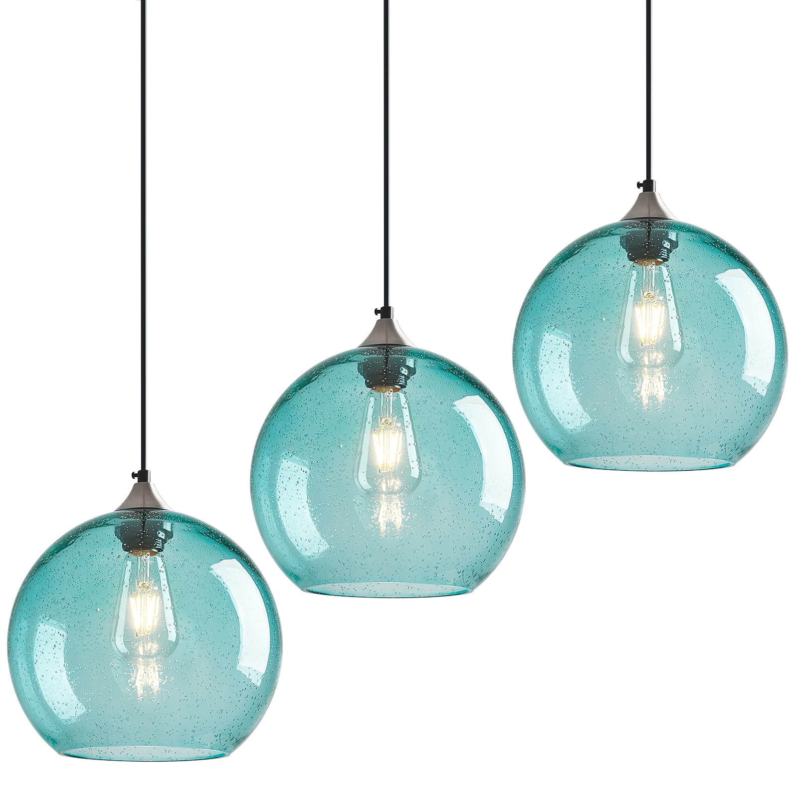 Lbsqj Light Blue Glass Pendant Lights Kitchen Island Globe Pendant Light Fixtures Modern Pendant Lighting For Bedroom Living Dining Room Light Fixture (9.84 In  3 Pack)