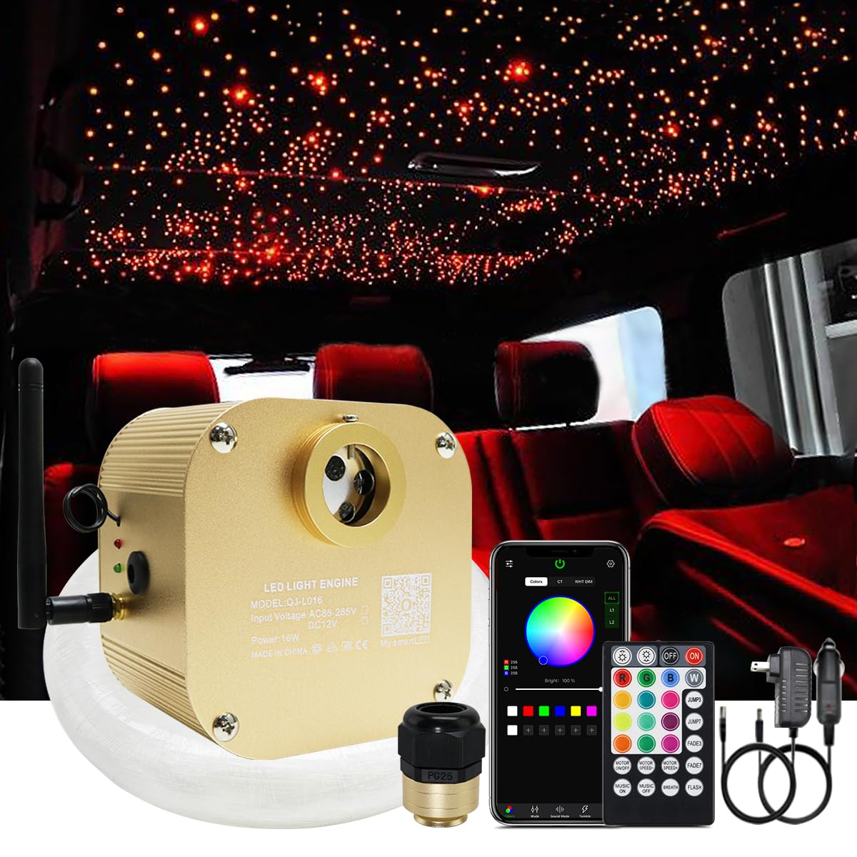 Akepo Rgbw Fiber Optic Lights Kit - 16W Led, 335Pcs, 13.1Ft, Multicolor, Model Qj-L016, App & Music Activated