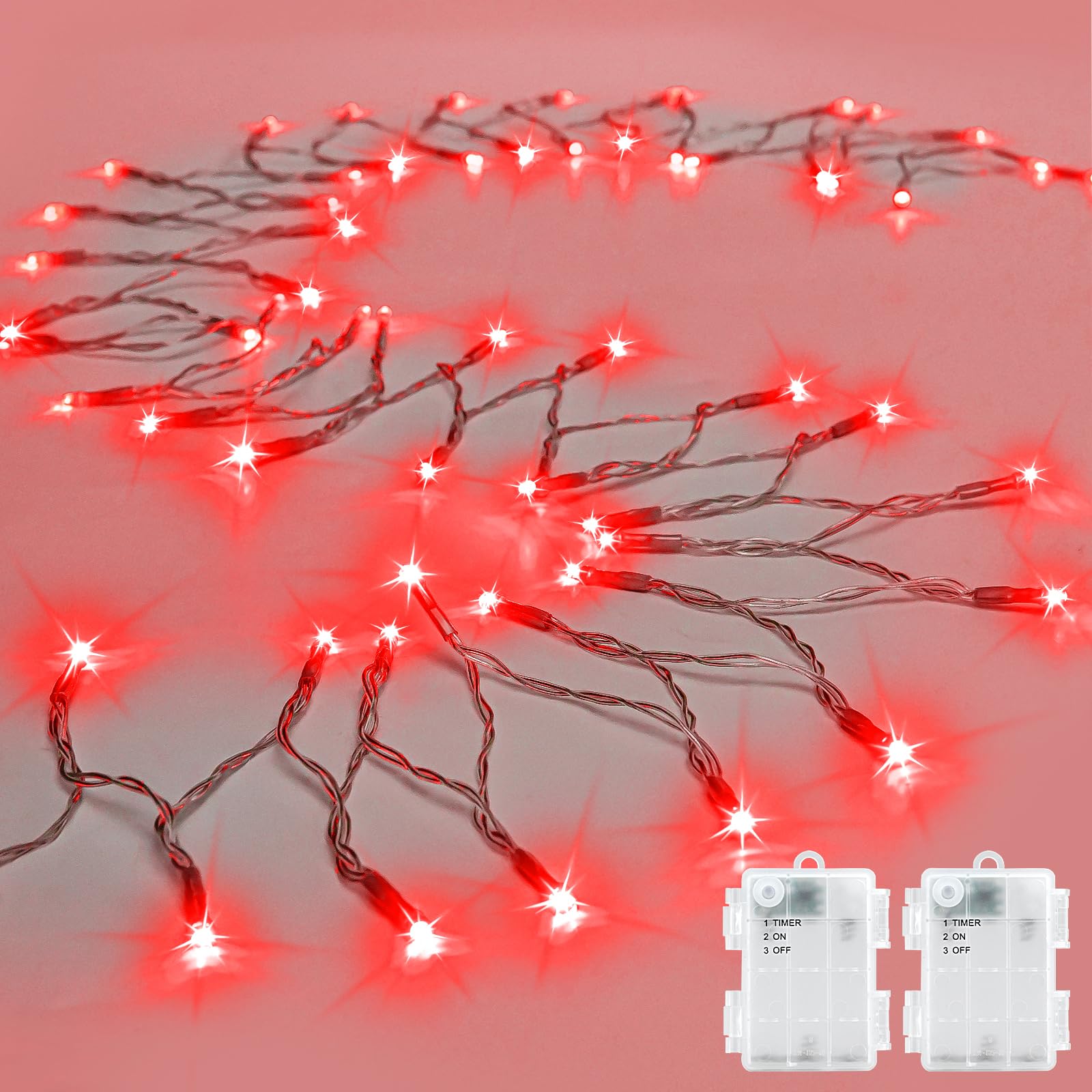 String Lights Outdoor Waterproof 9.8Ft 30 Led, Red Fairy Lights Battery Operated With Timer Clear Wire For Indoor & Outdoor Chri