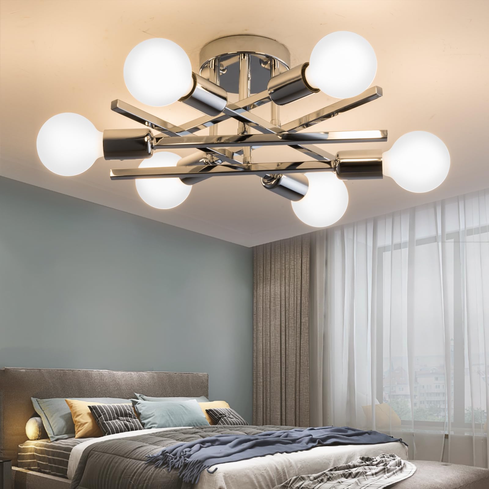 Xingsiyuelyx 6-Light Chrome Sputnik Ceiling Light Fixture,Semi Flush Mount Ceiling Light,Modern Close To Ceiling Light,Chandelier Light Fixture Ceiling For Living Room Dining Room Foyer,E26 Socket