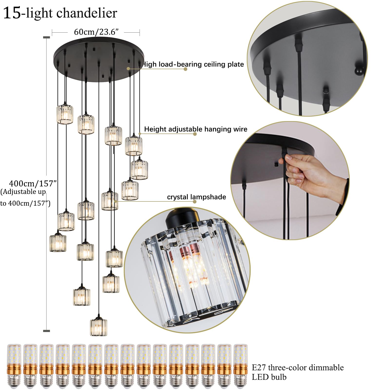 Meimond Modern Crystal Pendant Light, 15 Lights, Black Metal, Raindrop Design for High Ceilings, Foyer, Living Room, Model LTD-10