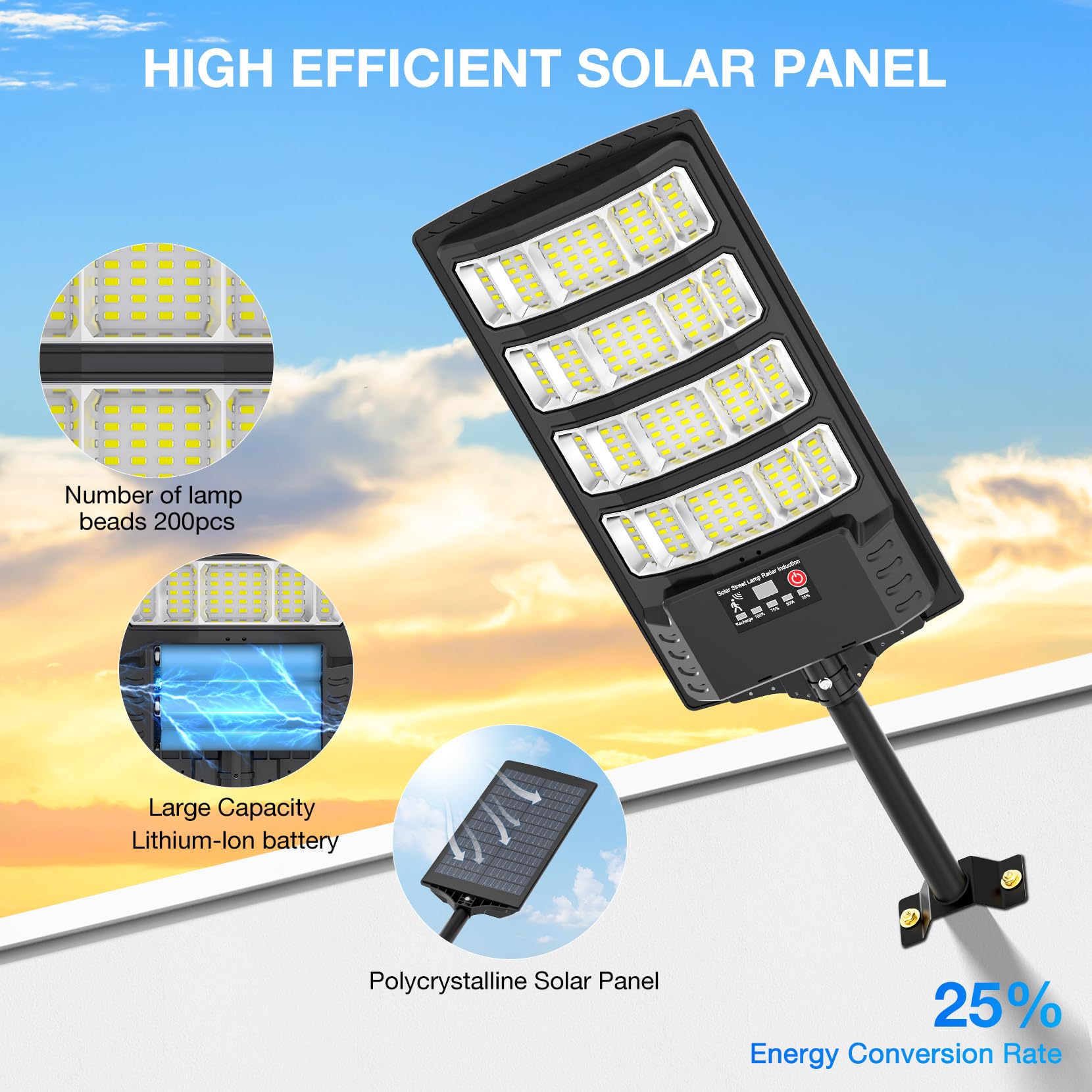 VowelsOne Solar Street Light 400W with Motion Sensor, Waterproof, 320° Wide Angle, Black, HG400W-1Pack