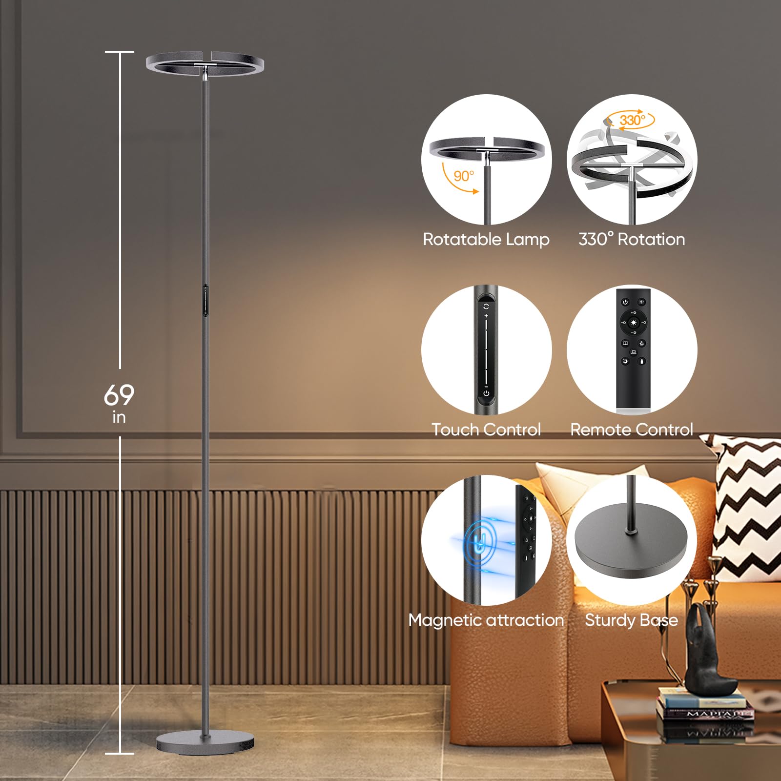 Sibrille Gunmetal Gray Led Floor Lamp - Rotatable Standing Lamp For Living Room Bedroom, 22W Dimmable Floor Readig Light With To