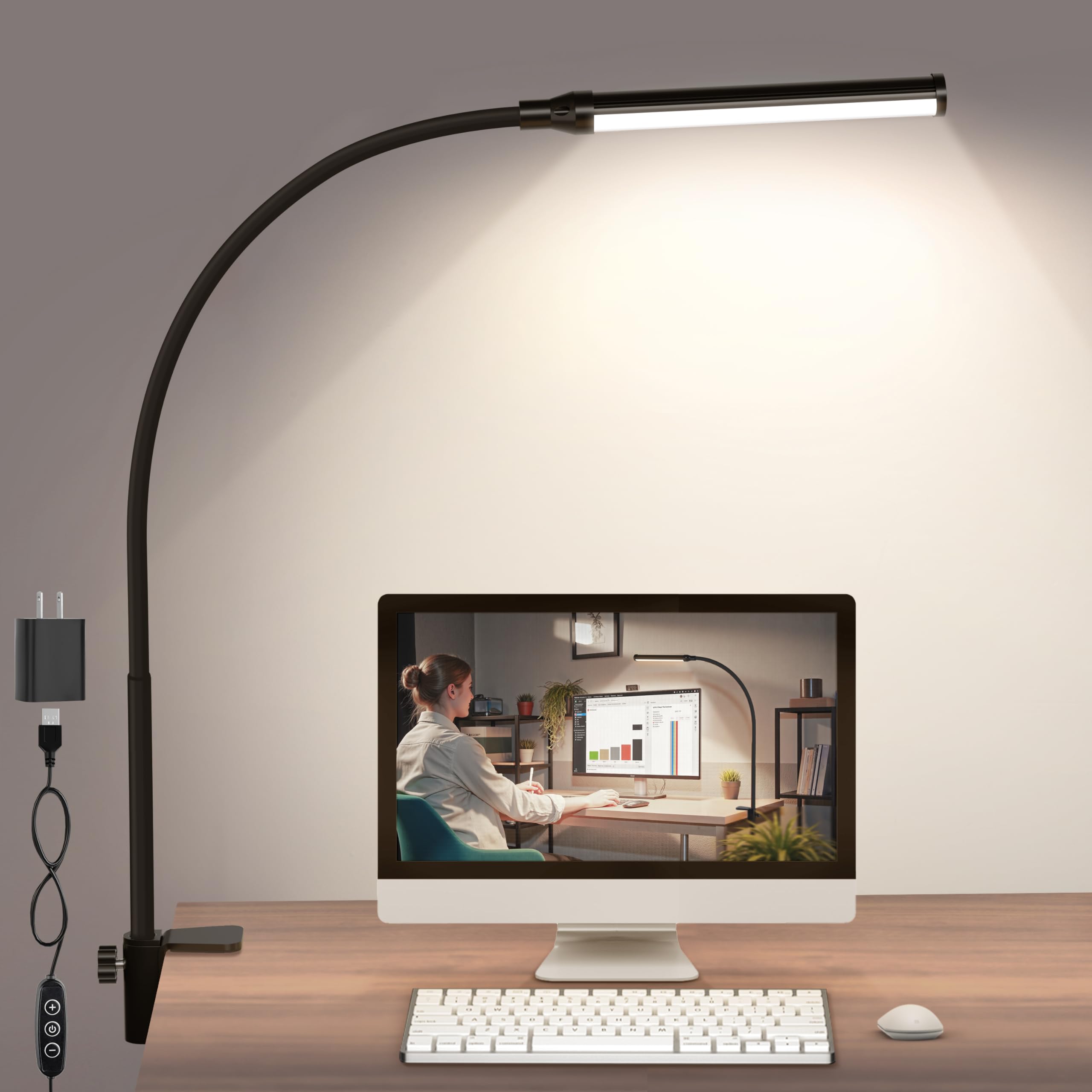 Shinetech Led Desk Lamp With Clamp, 4000K Natural White 11 Brightness Level Eye-Caring Clip Lights For Home Office, Flexible Goo