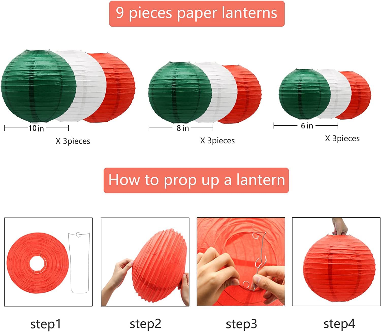 ADLKGG Paper Lanterns, Round Hanging Decorations, 9pcs, Metal, Red/White/Green, for Christmas, Graduation, Baby Shower, Birthday