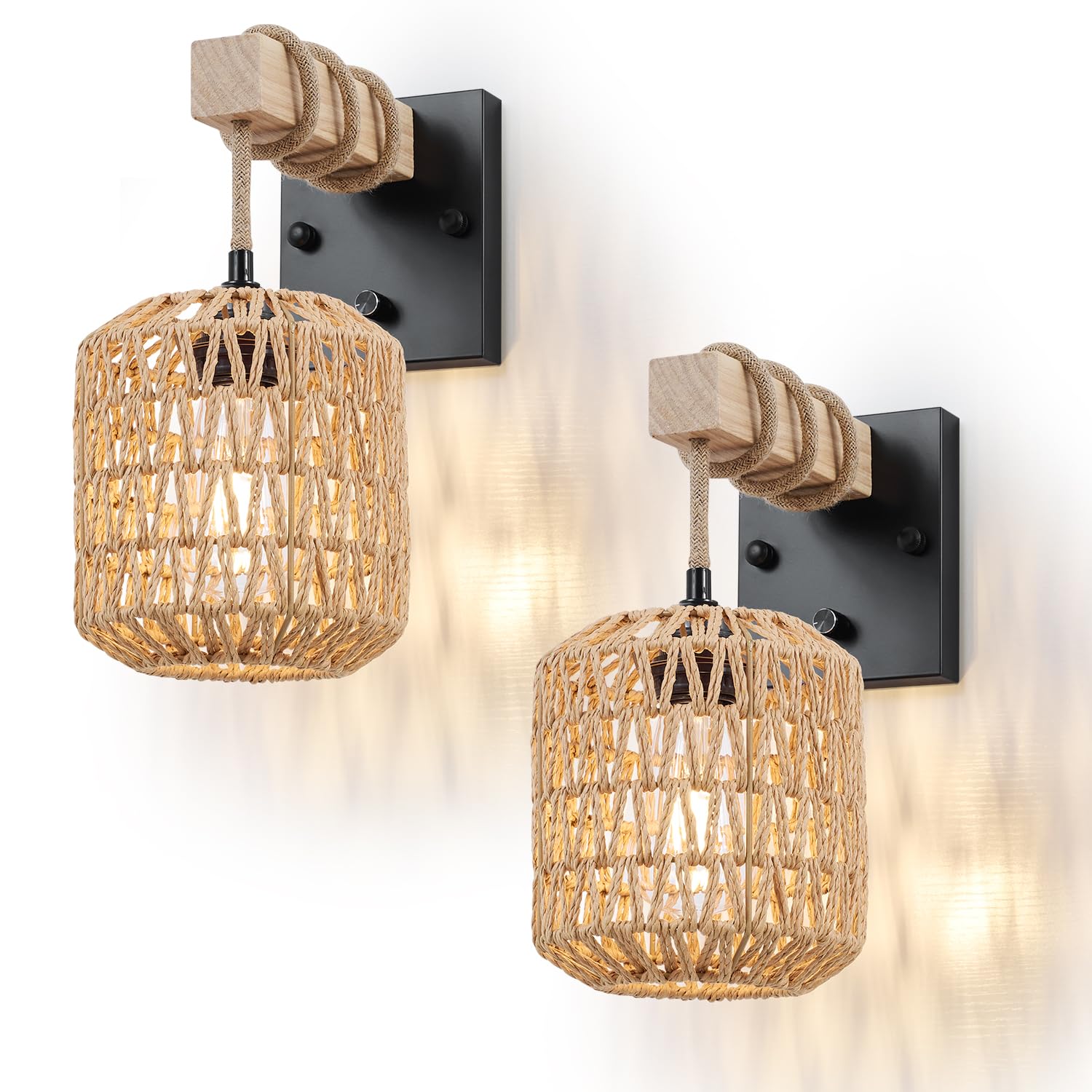 Neechicx Rattan Wall Sconces Set of Two, Hardwired Farmhouse Lamps, Dimmable Switch, Rustic Light Fixtures, 2 Pack