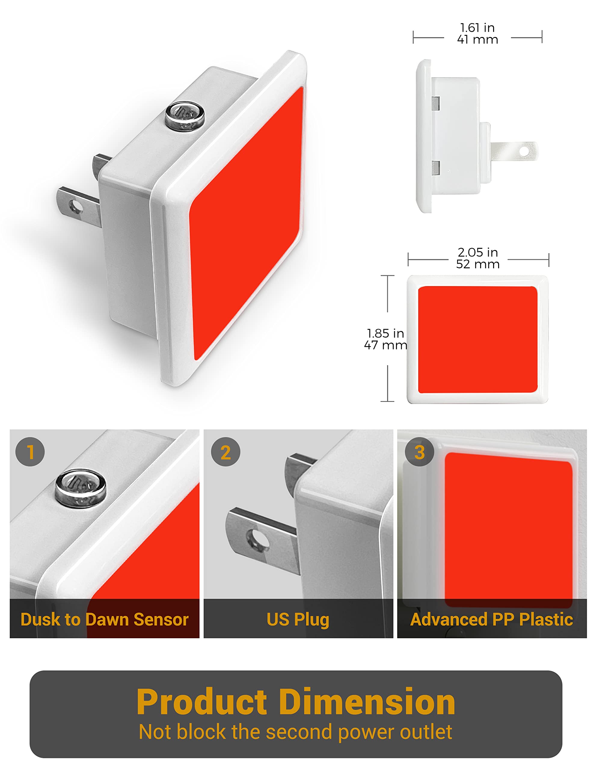 JandCase Red Night Light, 0.3W LED with Auto Sensor, 2 Pack, Plastic, Model C-GY005-RE-2