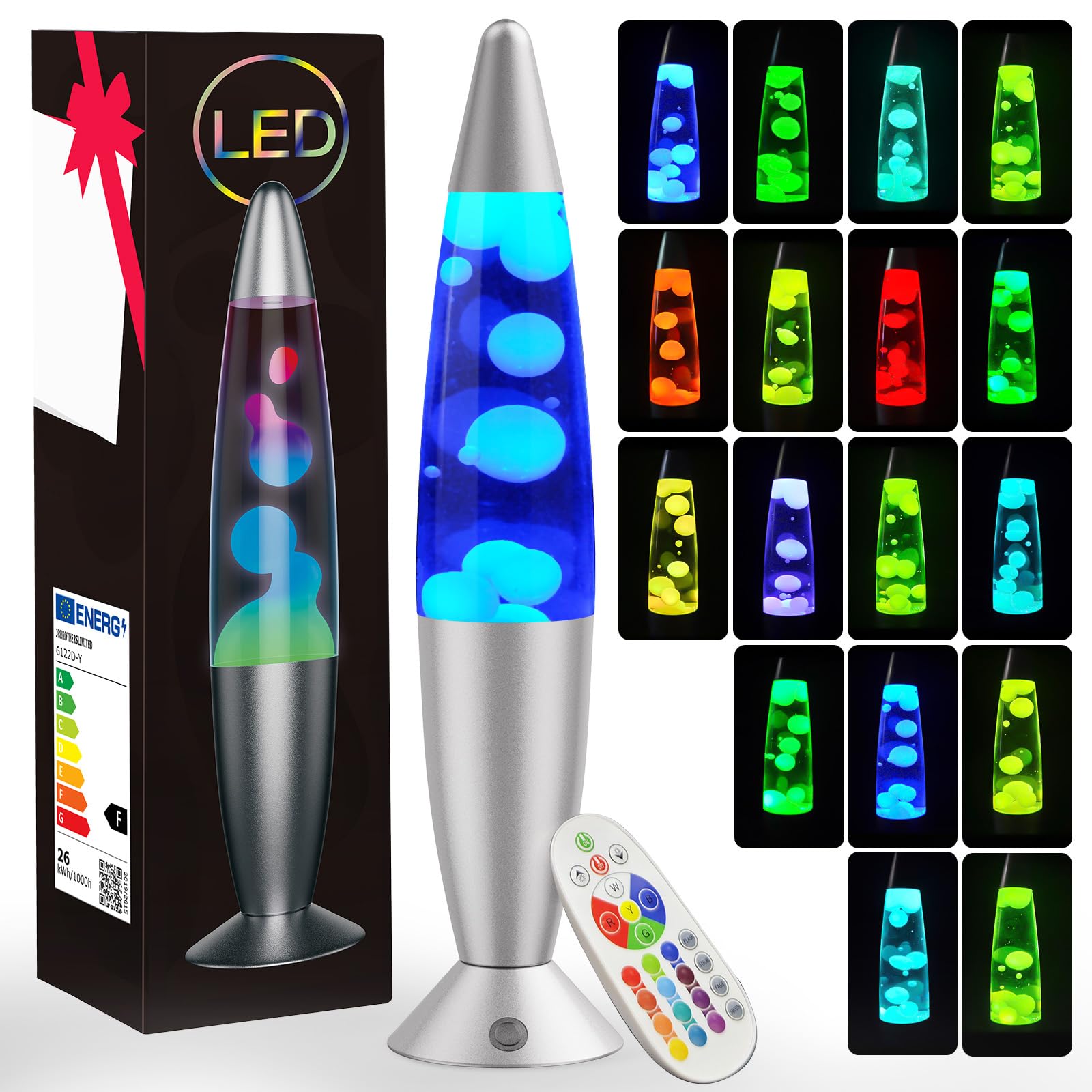 AONESY Liquid Motion Lamp, 17 Colors, Remote Control, 13.5 Inch, Small, Silver, Model 6122D-Y for Home Decor, Bedroom, Office