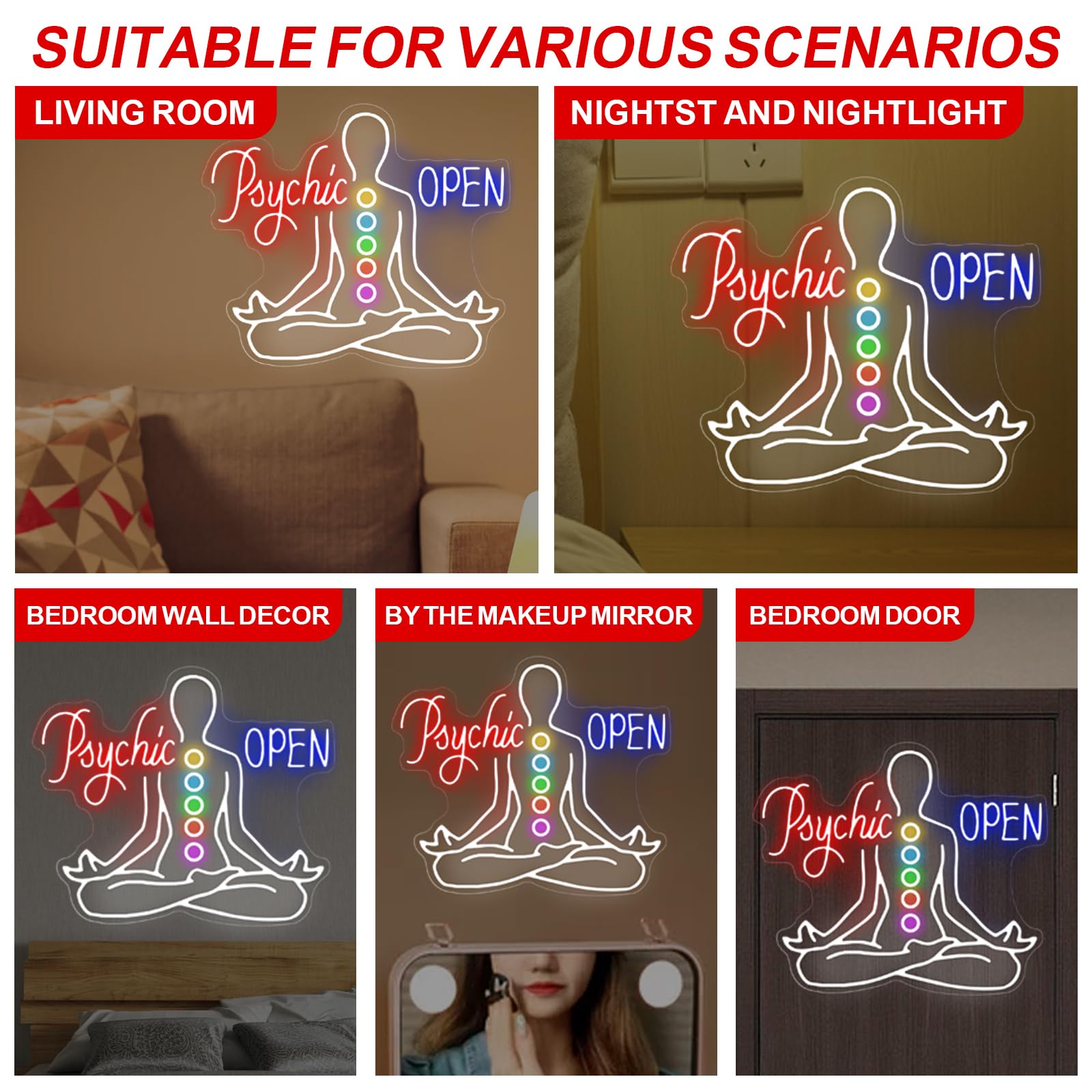 Psychic Open Neon Sign Charka Neon Light  Yoga Led Sign  Exercise Room Wall Decor  Buddha Lotus  Pilates Studio Art Meditation Room Wall Art Yoga Lover Gift  Psychic Chakras Healing Exercise  20*X17.3