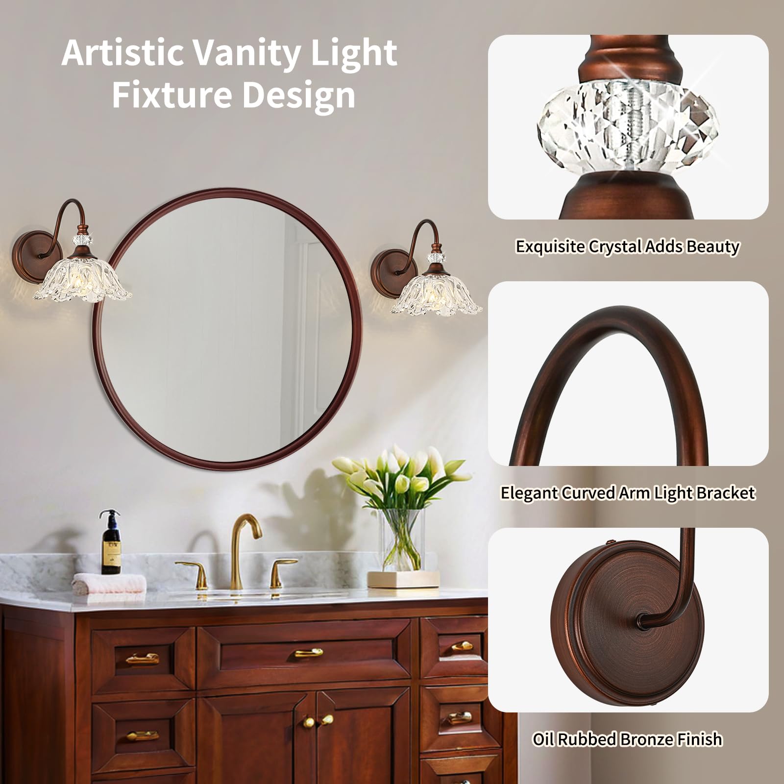 sunkryster 1-Light Oil-Rubbed Bronze Vintage Wall Sconce with Floral Glass Shade, Farmhouse Bathroom Vanity Light, Model Sun-104AB-1-ORB