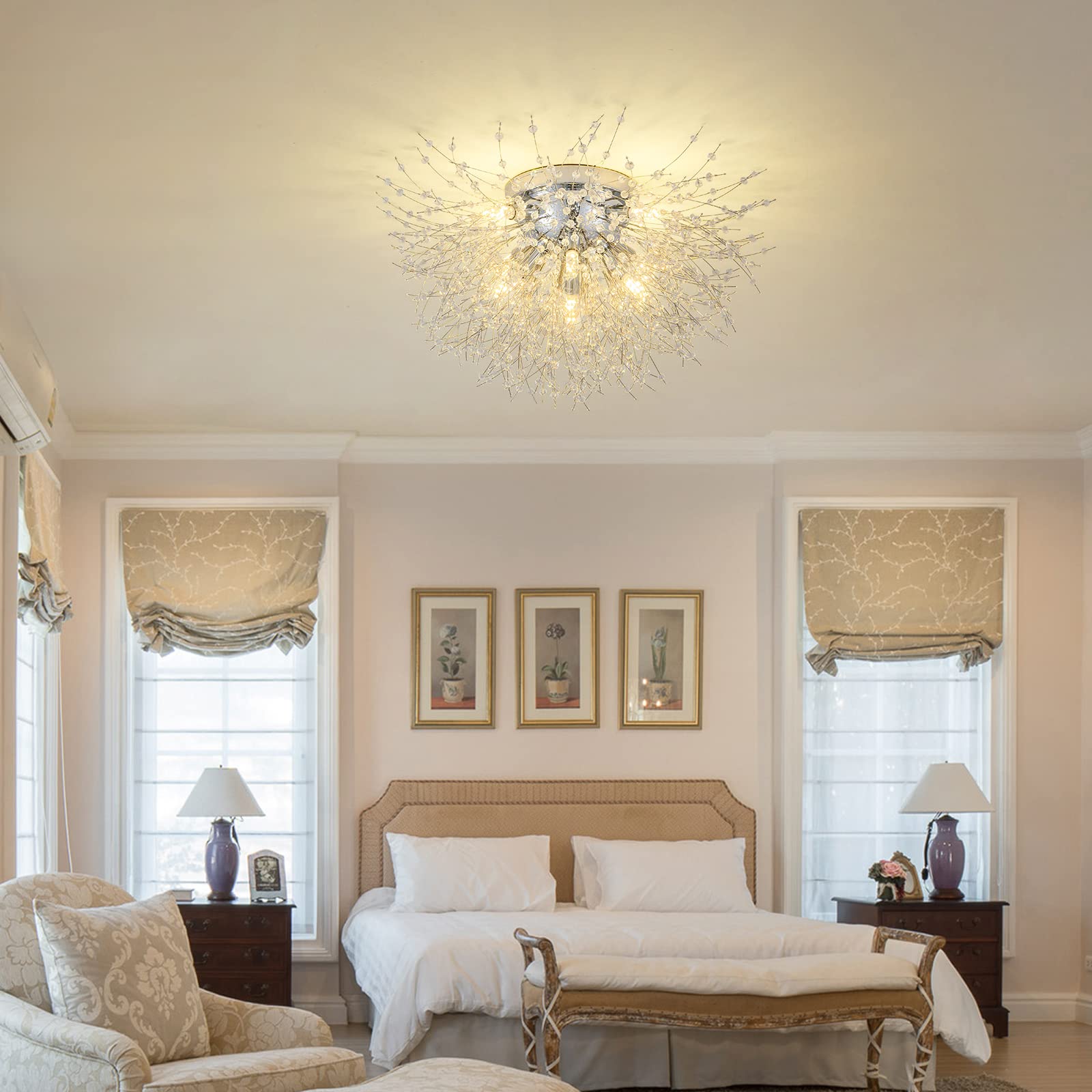 Sputnik Flush Mount Ceiling Light Fixtures, Modern Chrome Crystal Firework Chandelier, 8-Light Close To Ceiling Lighting Fixtures For Bedroom Kitchen Hallway Entryway(H11.8'' X W21.5'')