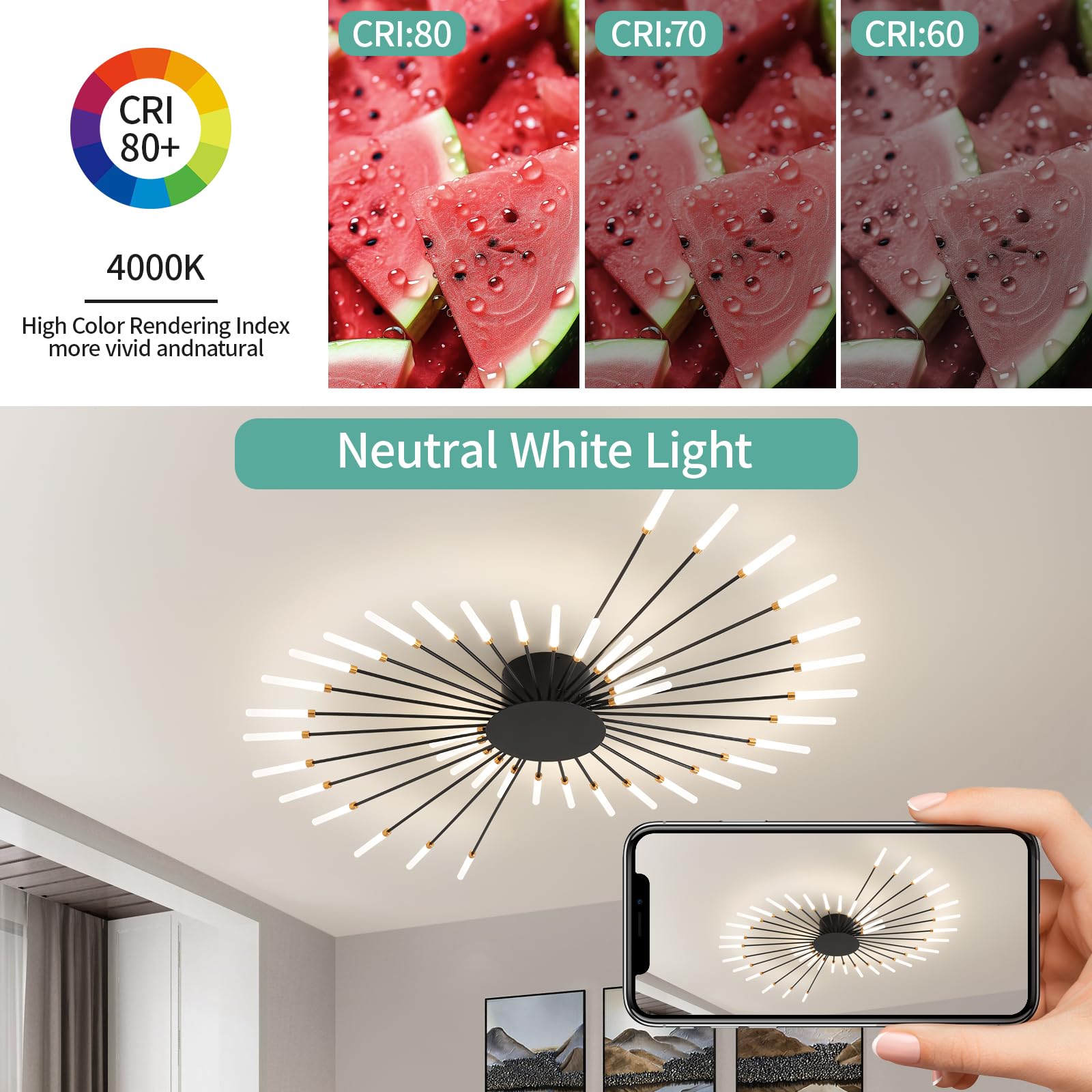 Ziidoo Modern Ceiling Light  42 Lights Metal Firework Designed Chic Led Lighting Fixture For Farmhouse Kitchen Dining Room Bedroom Hallway Living Room (Black)