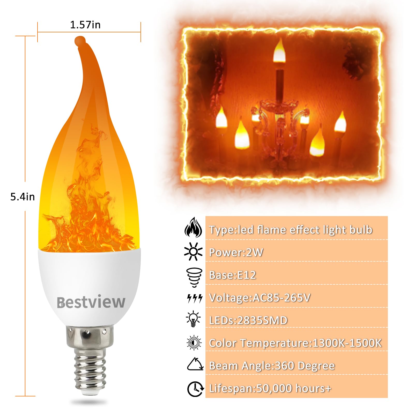 Bestview LED Flame Effect Light Bulbs, E12 Chandelier Base, Warm Yellow, 3 Modes, 6 Pack for Indoor & Outdoor Decoration