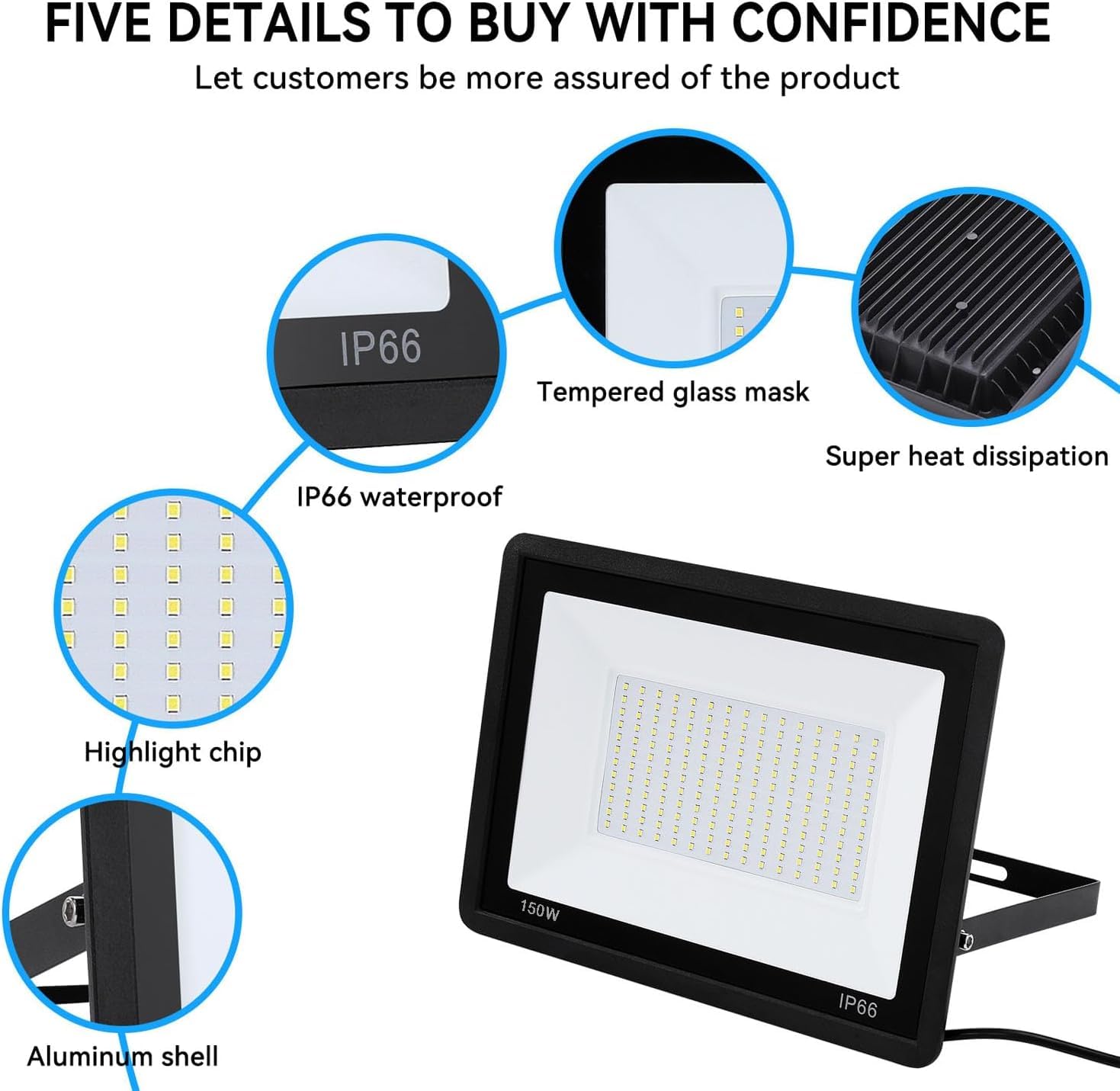 4Pack-150W Led Flood Light Outdoor,16500Lm Led Work Light With 6Ft Us Plug,Ip67 Waterproof Exterior Security Lights,6000K Daylight White Outside Floodlights Slim Design For Playground Yard Stadium