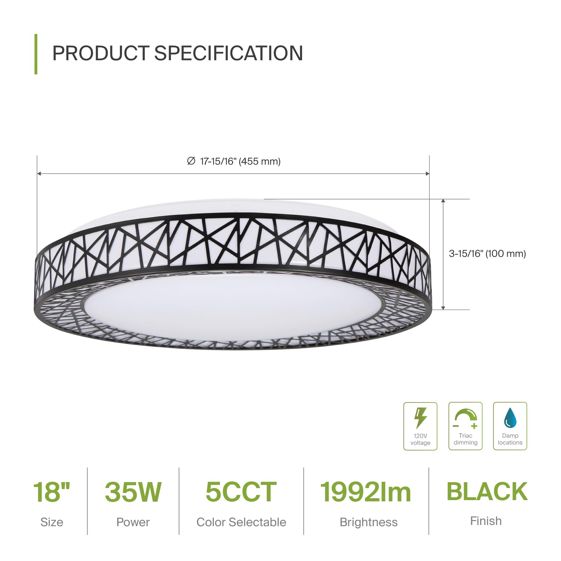 ASD 18 Inch LED Flush Mount Ceiling Light, 35W 1992LM, Dimmable, Adjustable 2700-5000K, Black, Model A-LFC-LF18