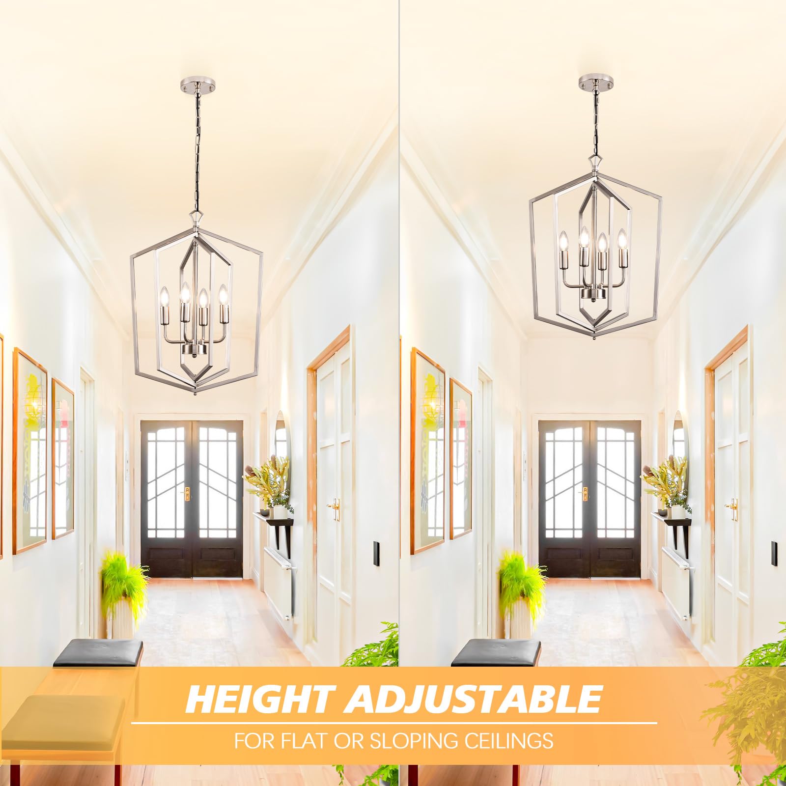 4-Light Lantern Pendant Light Chrome Modern Hanging Pendant Light Fixtures, 18.1'' With Adjustable Chain Metal Cage Dimmable Geo