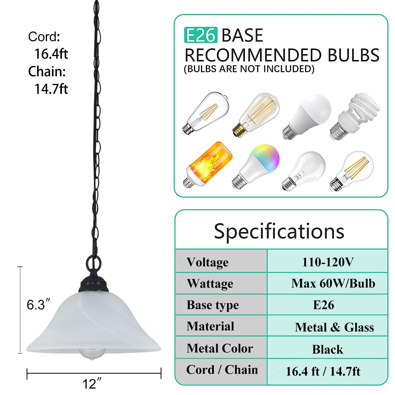 SHENGQINGTOP Alabaster Glass Pendant Light Fixture, Black, Dimmable, 16.4Ft Cord, 14.7Ft Chain, Medium Size, Model SQ-BL-