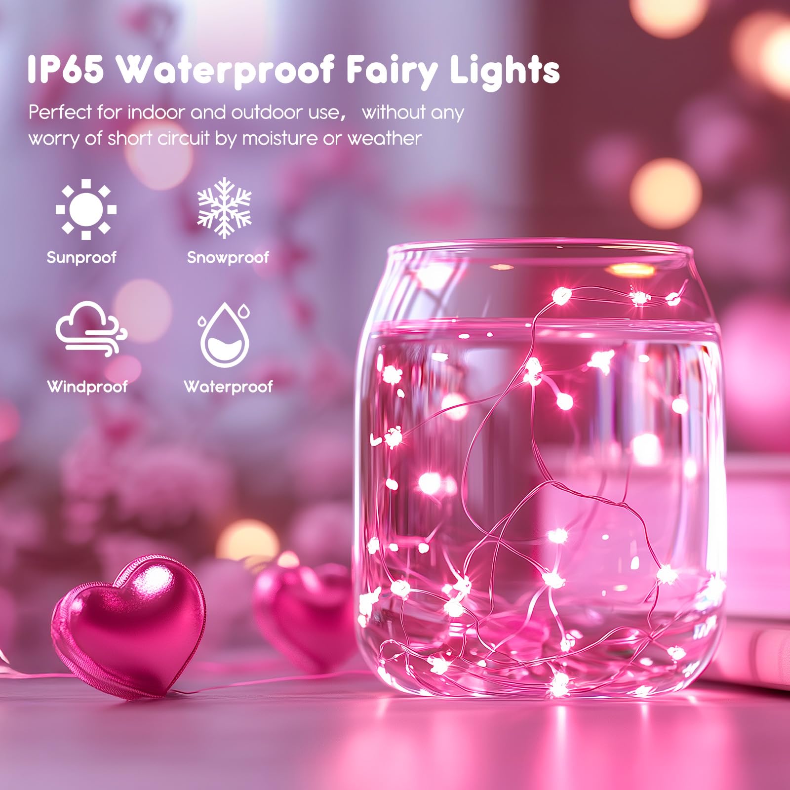 Minetom 12 Pack Fairy Lights Battery Operated String Lights With Timer - 7Ft 20 Led Waterproof Silver Wire Firefly Lights For Valentine’S Day Decor Diy Crafts Wedding Table Centerpieces, Pink