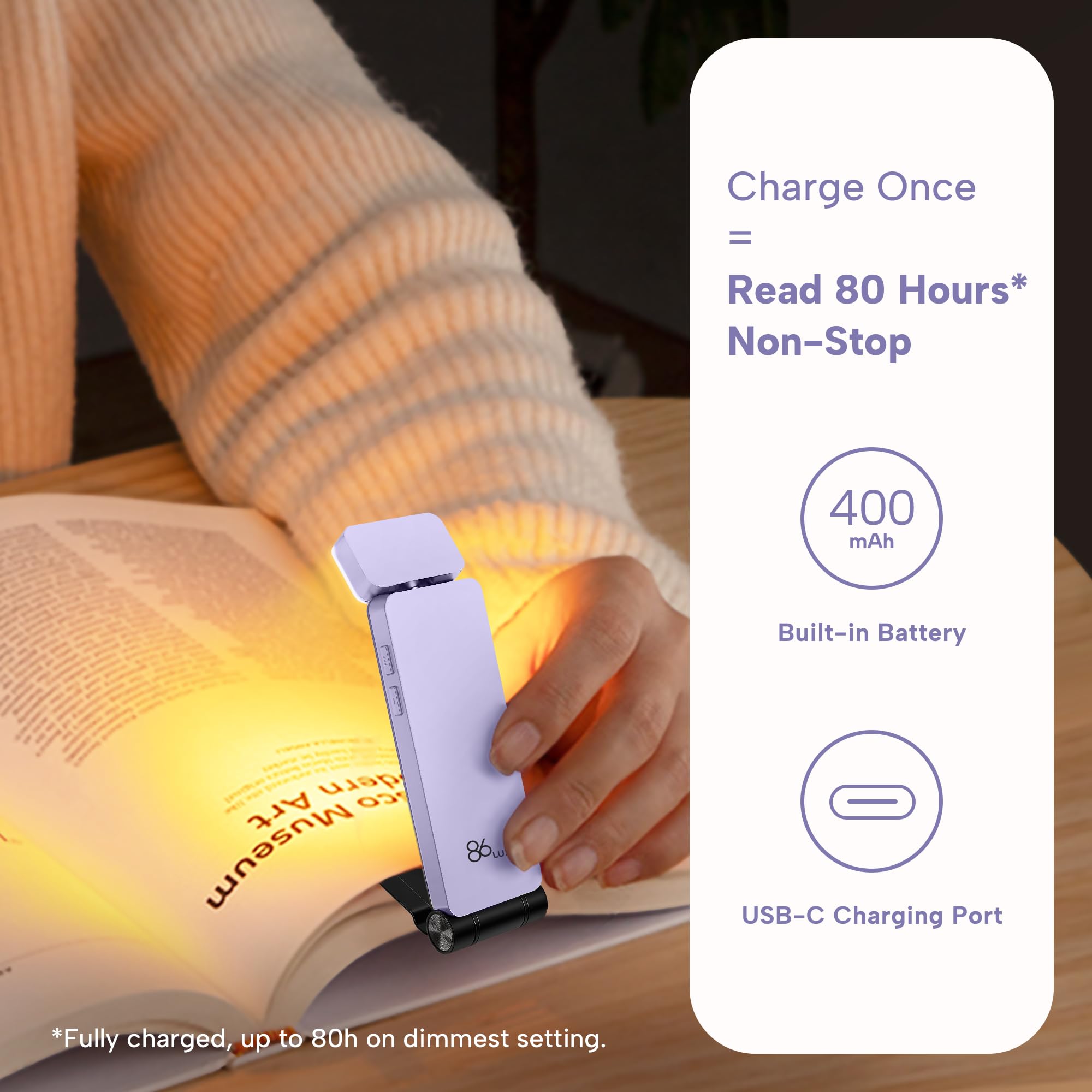 86lux Rechargeable Book Light, Ultralight Clip-on LED Lamp, Stepless Dimming, 3 Amber Colors, Light Lilac, Model OK08