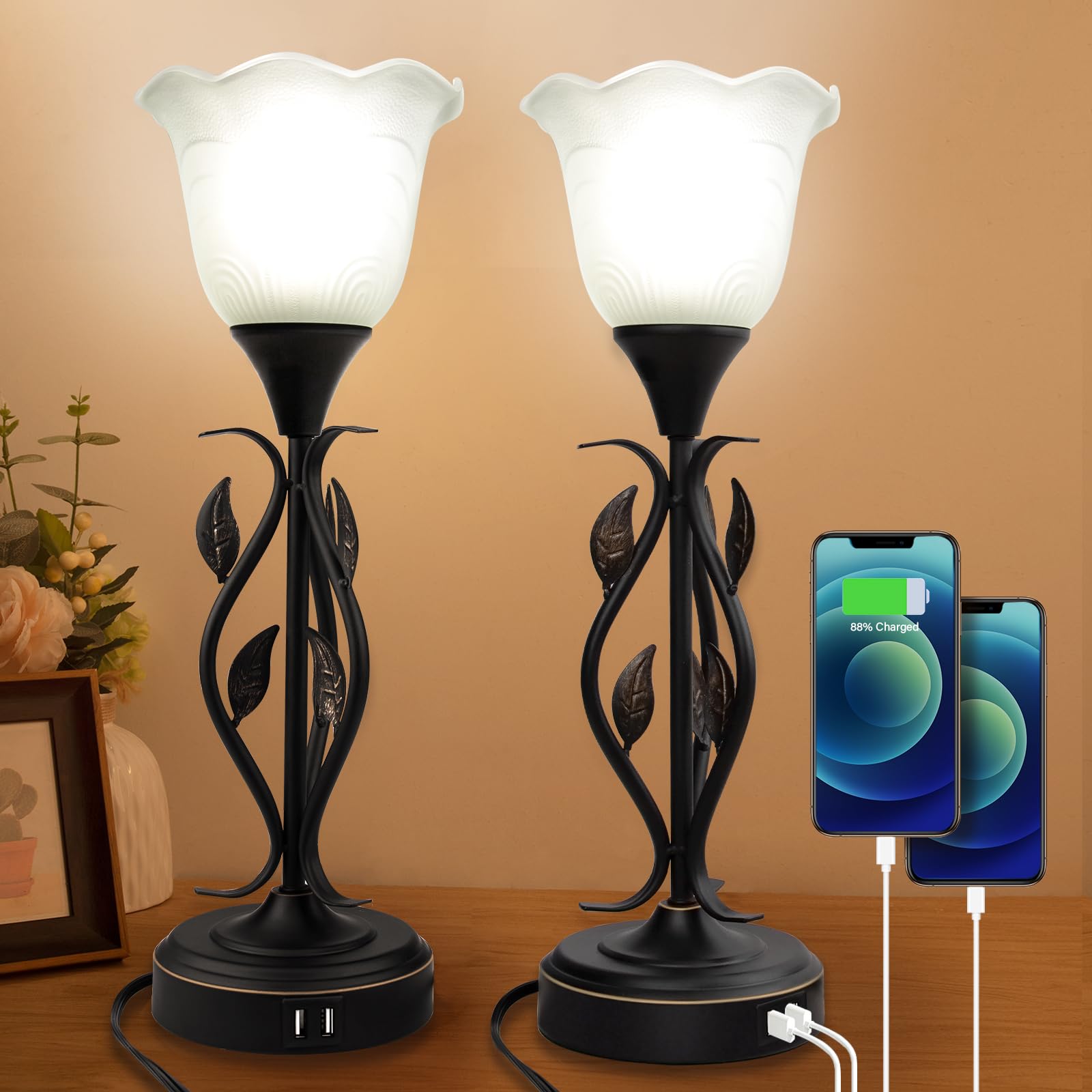 Bedside Lamps Set Of 2, Table Lamp With Usb Port 3 Way Dimmable Touch Lamp Torchiere Nightstand Lamps With Rustic Vines Leaf And Glass Flower Shade Lamp For Bedroom, Living Room, Office