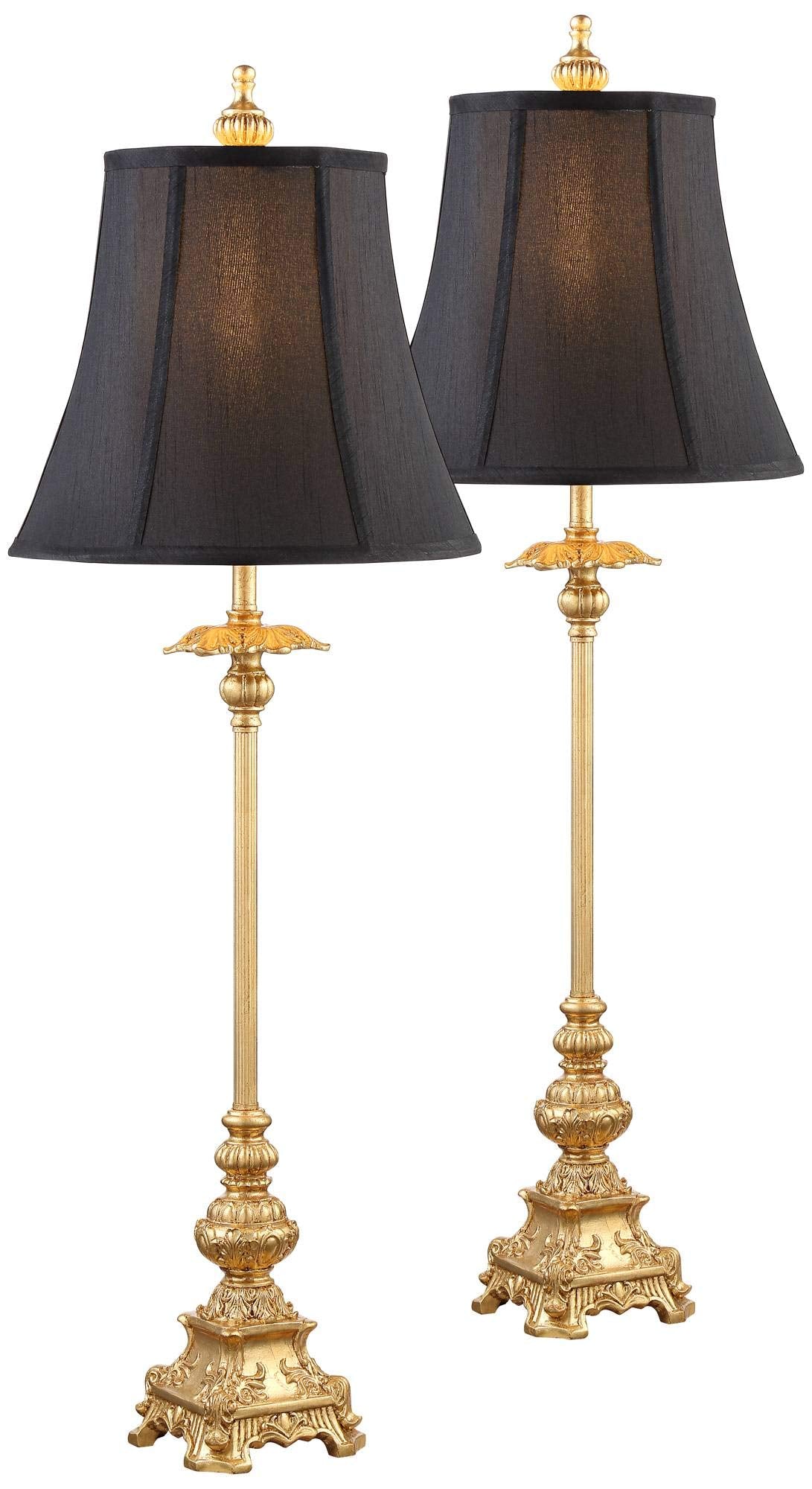 Regency Hill Buffet Table Lamps Set of 2, 36.5in Tall, Gold Metal, Black Fabric Bell Shade, Traditional Glam Style, Model 1R055