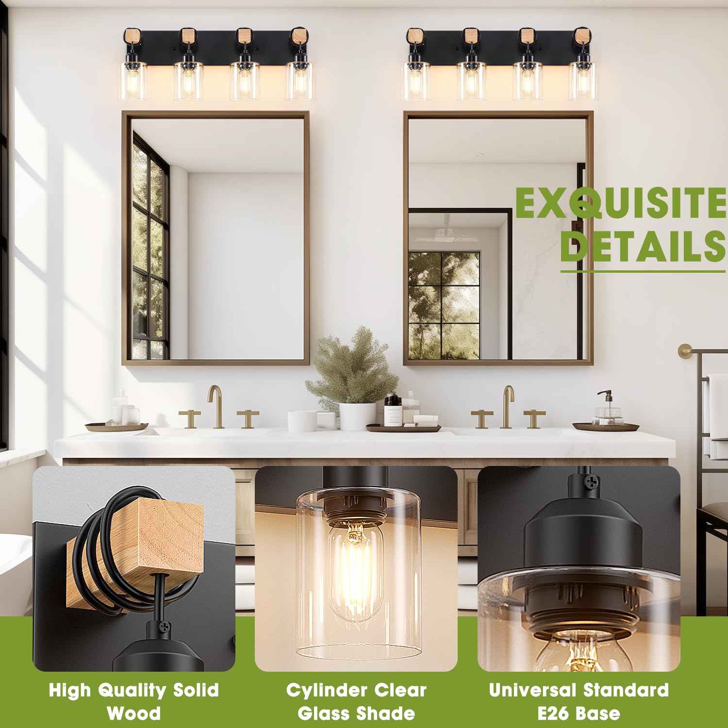 Licperron 4-Lights Farmhouse Vanity Lights For Bathroom  Matte Black Bathroom Light Fixtures With Clear Glass Shade  Rustic Wood Wall Lighting Fixtures Over Mirror For Bedroom  Living Room  Hallway