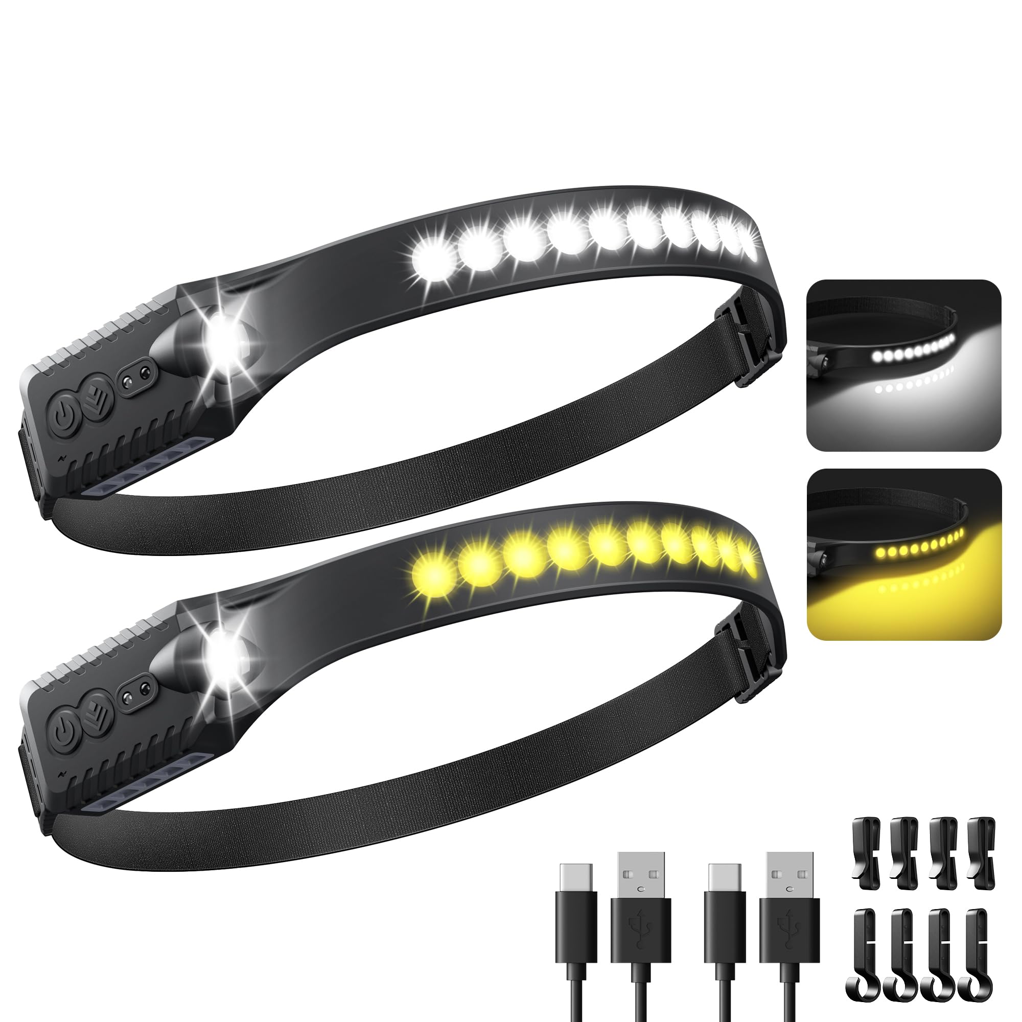 MoKo Rechargeable Headlamp 2 Pack, 40H Battery, 7 Modes, IP68 Waterproof, Adjustable, Black, Model MK2502