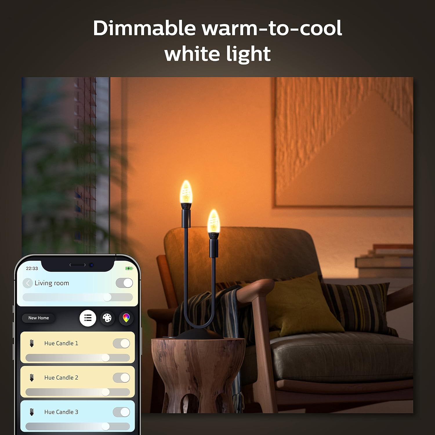 Philips Hue Smart 25W Candle-Shaped Filament LED Bulb - Soft Warm White Light - 2 Pack - 270LM - E12 - Indoor - Control with Hue