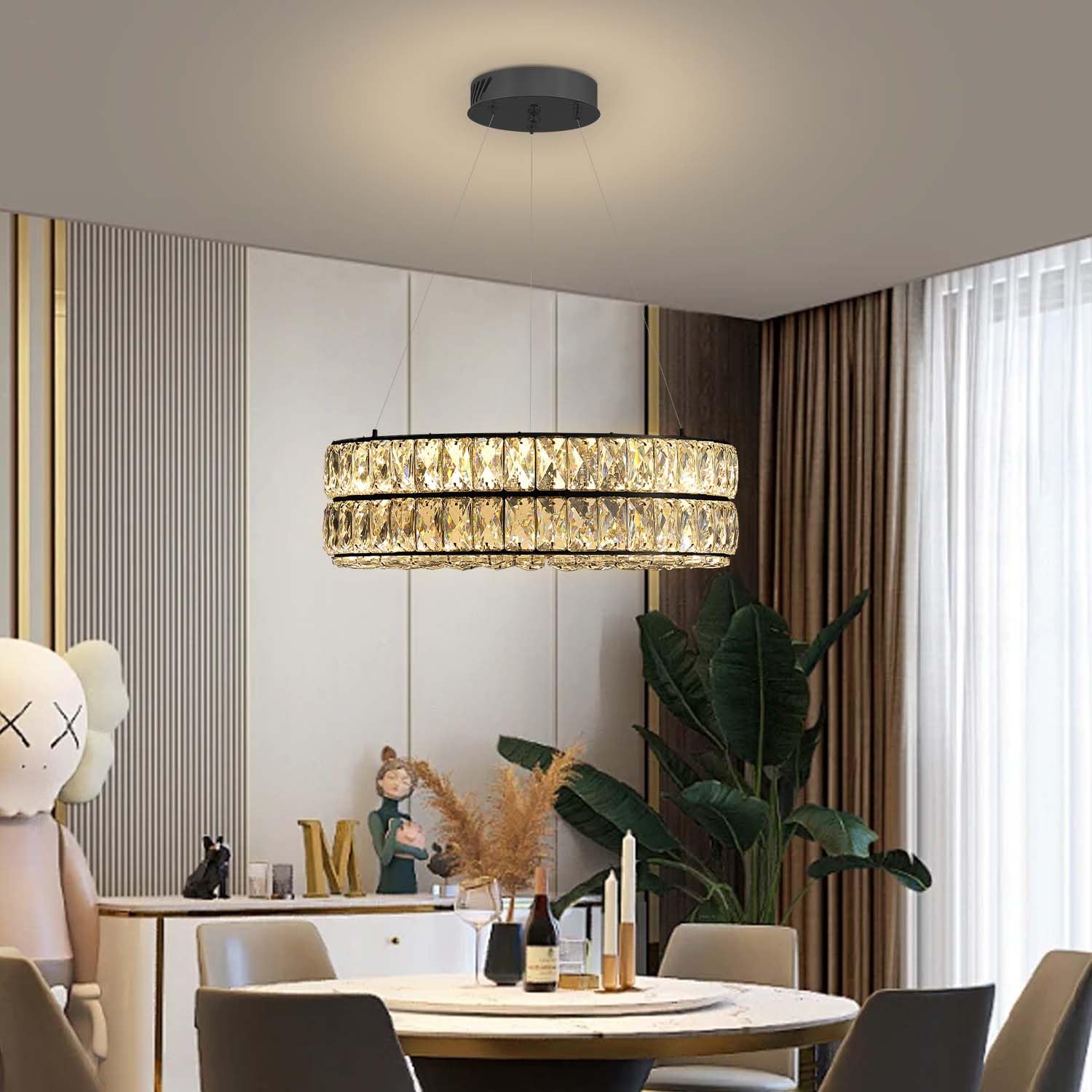 Idequy Modern Led Ring Chandelier - Dimmable Crystal Light Fixture For Living & Dining Room - Adjustable 15.7Inch Black