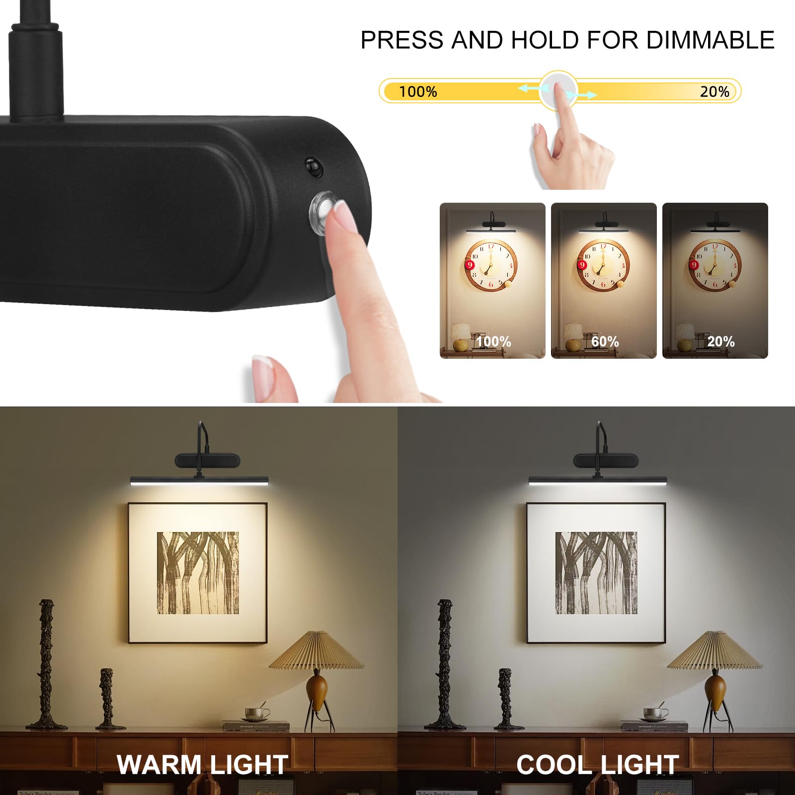 RAIFOOLLY Picture Light, Wireless Wall Lighting, Remote Control, Dimmable, 12inch, Black, Model RF00300